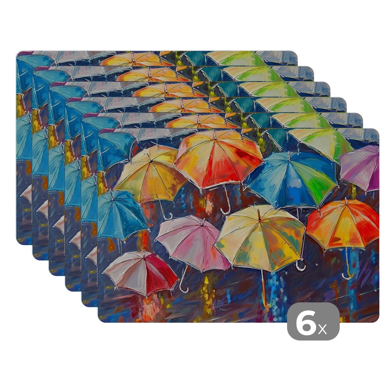 Platzset, Regenschirme - Malerei - Kunst - Regenbogen, MuchoWow, (6-St), Platzset, Platzdecken, Platzmatte, Tischmatten, Schmutzabweisend