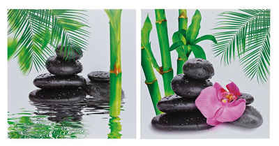 Levandeo® Leinwandbild, 2er Set Wandbilder Orchideen Bambus Feng Shui Wellness Leinwand