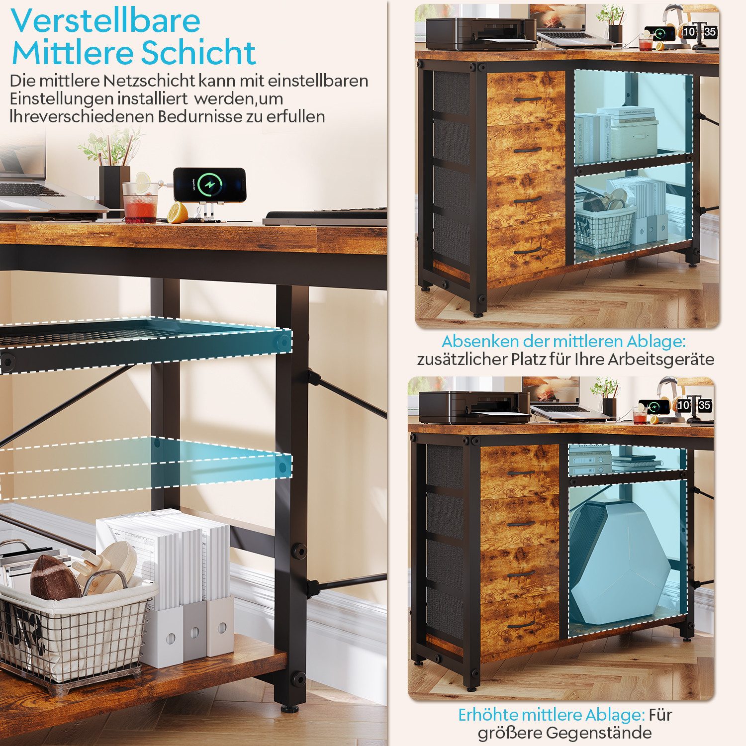 HOMALL Eckschreibtisch 140/160 cm Schreibtisch mit Schubladen, Monitorhalterung, Gaming-Tisch (Verfugt ber ver Schubladen eine Haupteinhert Halterung verstellba – Bild 4 von 5