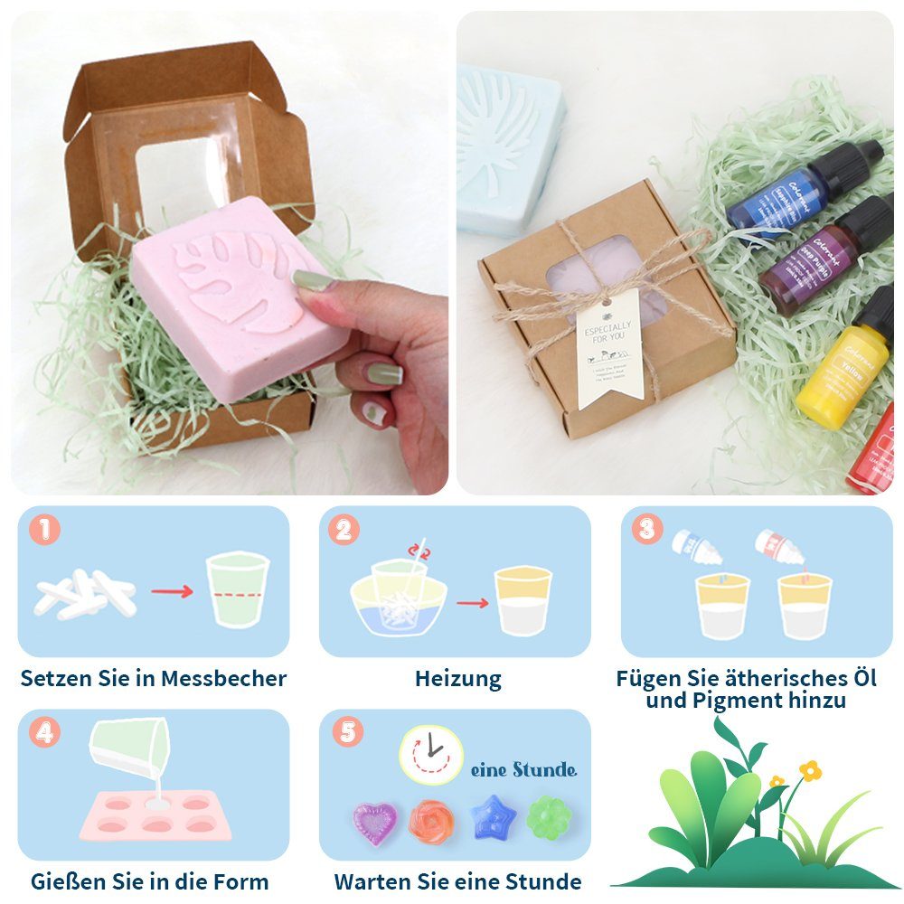 OSTWOLKE Seifen-Set Seifen Silikonform Set DIY Seifen selber Machen Set, 1-tlg., Starterkit mit Seifenbasis, Silikonform, 6 ätherische Ole & 6 Farben