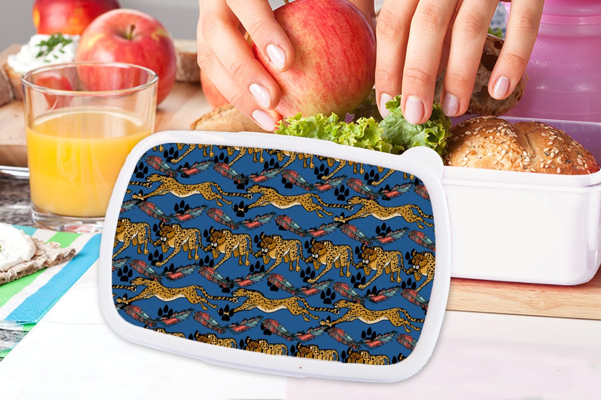 weiß und für (2-tlg), Kunststoff, Erwachsene, Mädchen Gepard Lunchbox MuchoWow - für Jungs - Muster Brotbox Federn, Brotdose, Kinder und