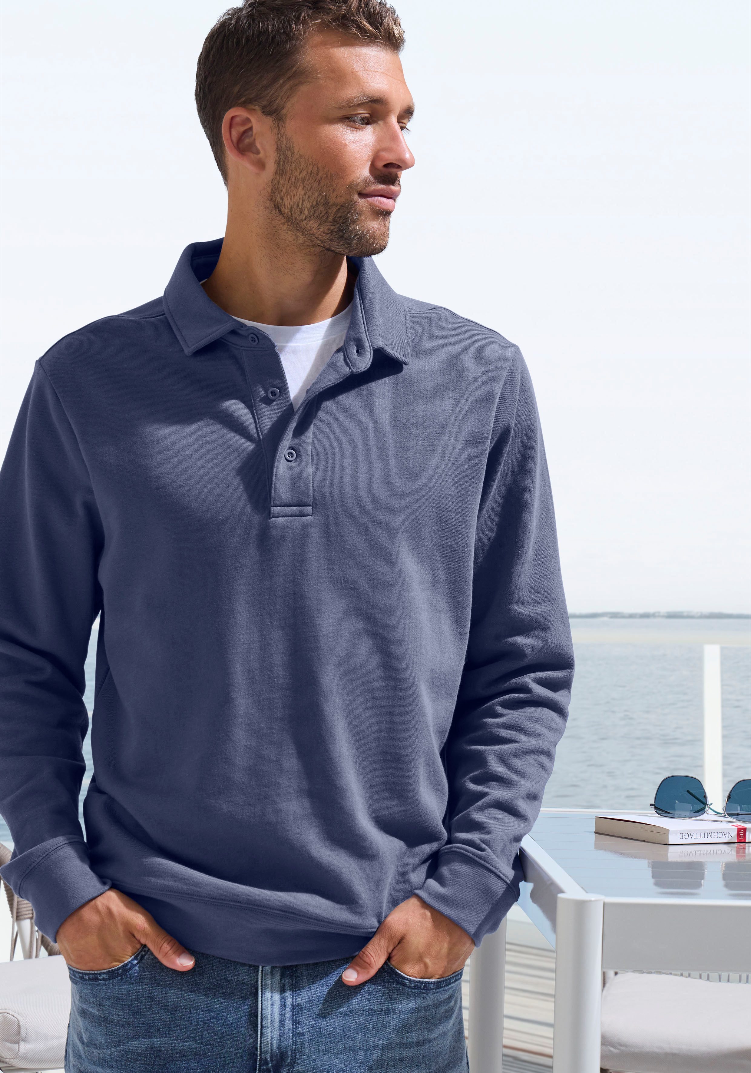 John Devin Sweatshirt Langarm, Pullover mit Polokragen, Baumwolle