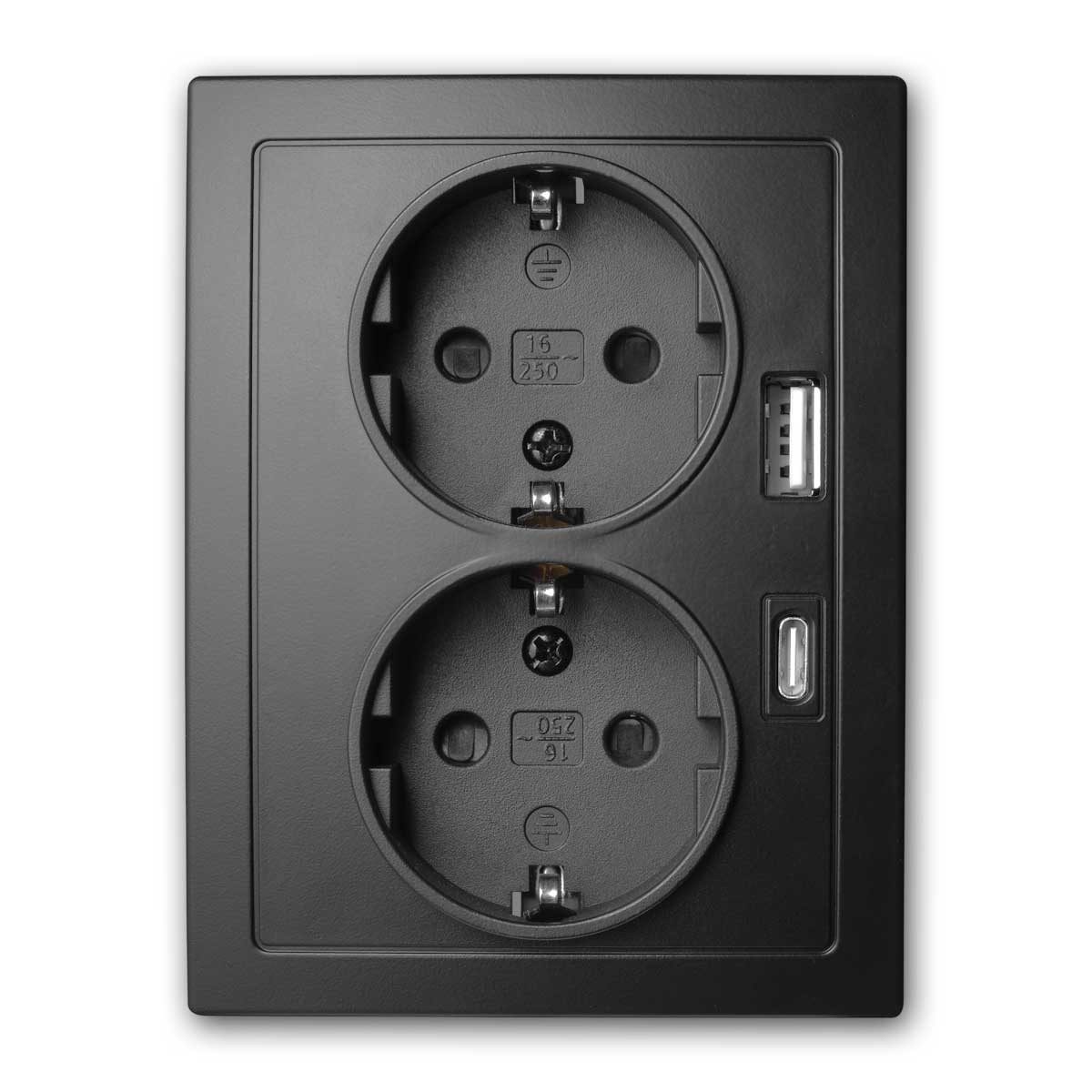 McPower FLAIR 2-fach Steckdose schwarz, 250V~/16A, USB-A&C Unterputzschalter