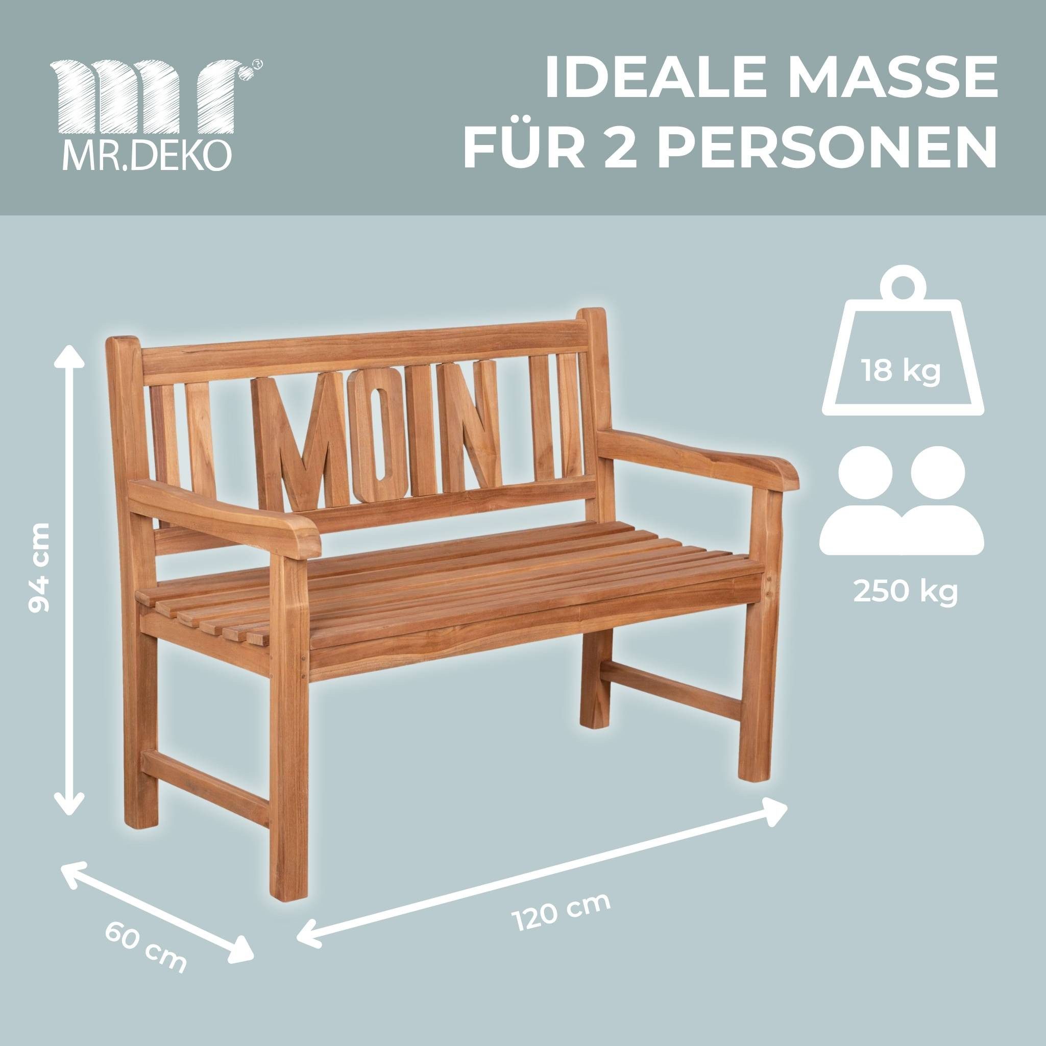MR.DEKO Gartenbank Teak MOIN 120 cm – norddeutsch, einladend & wetterfest (2-Sitzer Bank, zerlegt geliefert, ideal für Terrasse, 1-St), Massive Sitzbank Garten  – Bild 3 von 5