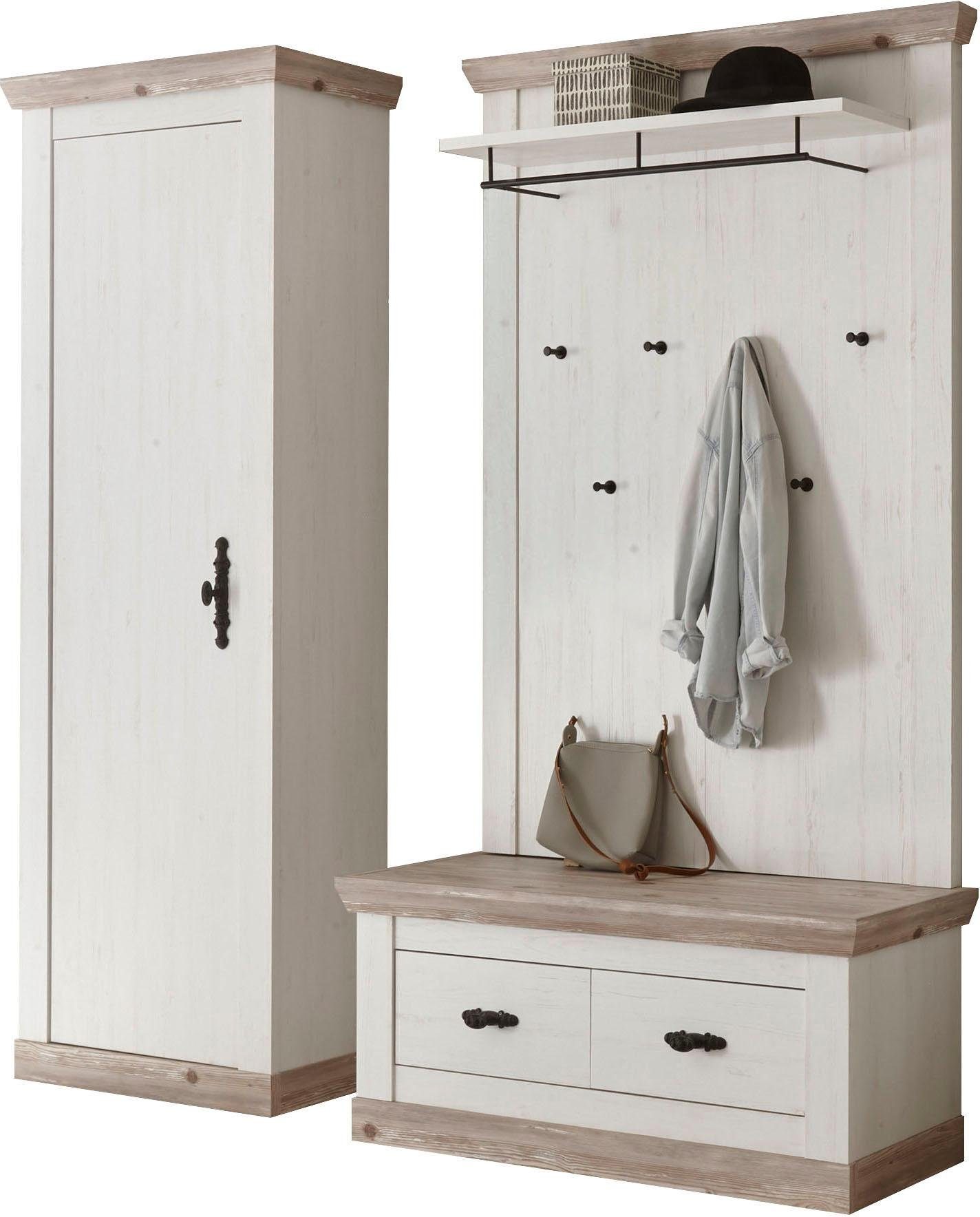 Home affaire Garderoben-Set Florenz, moderne Garderobe, Komplettset im Landhausstil, (3-St), enthält Bank, Paneel und Stauraumschrank, 190 cm breit