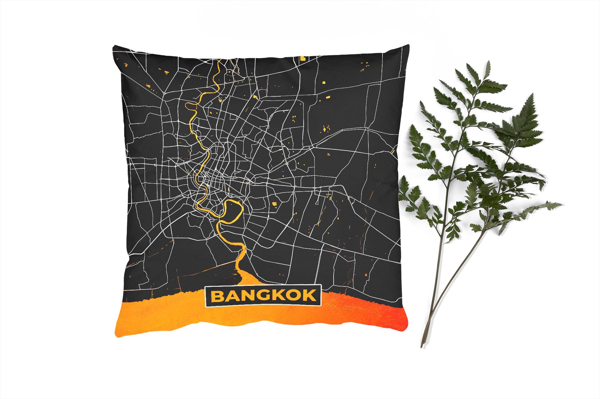 MuchoWow Dekokissen Karte - Bangkok - Gold - Karte, Zierkissen mit Füllung für Wohzimmer, Schlafzimmer, Deko, Sofakissen