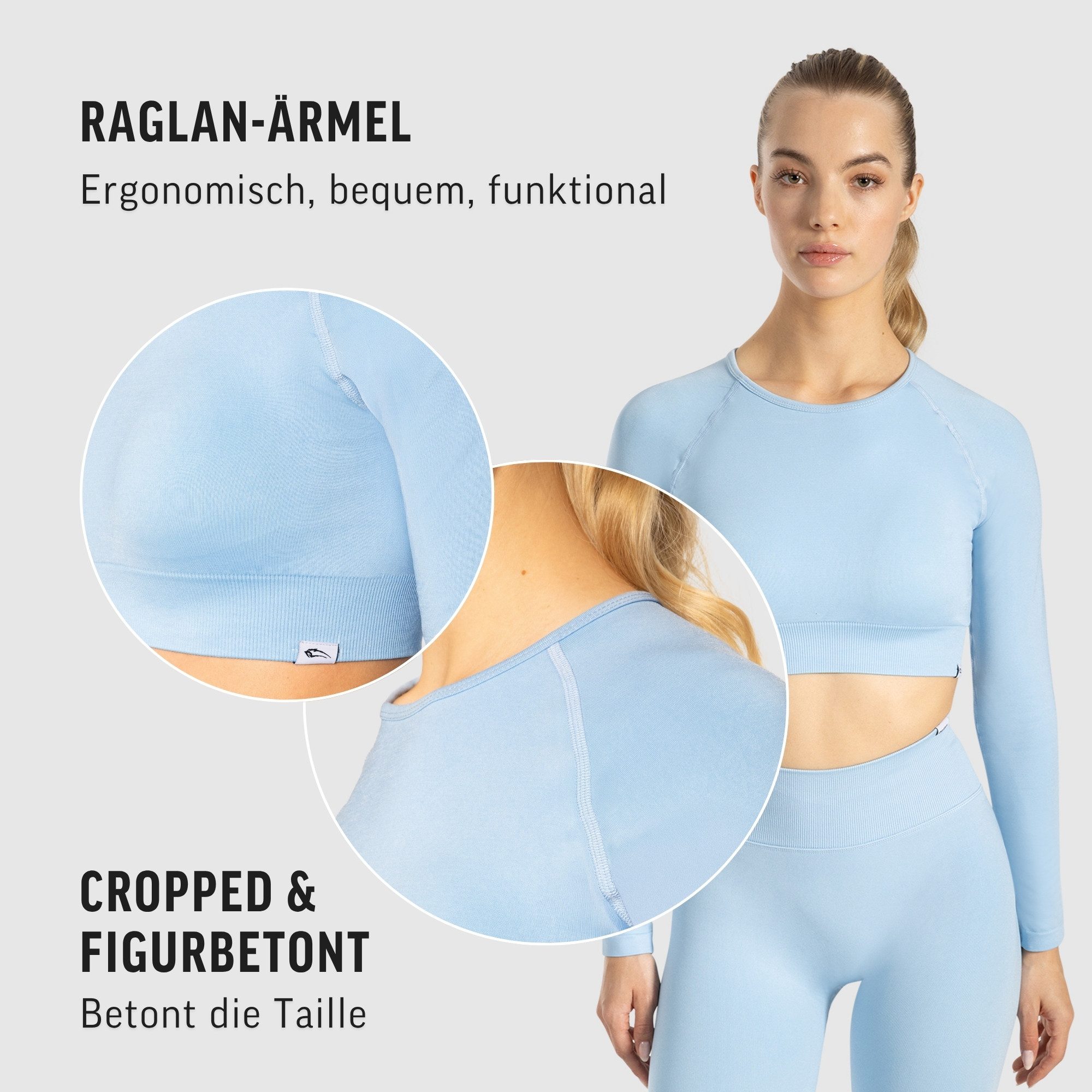 Smilodox Longsleeve Maysa, Crop Shirt Langarmshirt Shaped Fit Gym, Yoga & Alltag atmungsaktiv, blickdicht, Raglan Design, Sicherer Halt