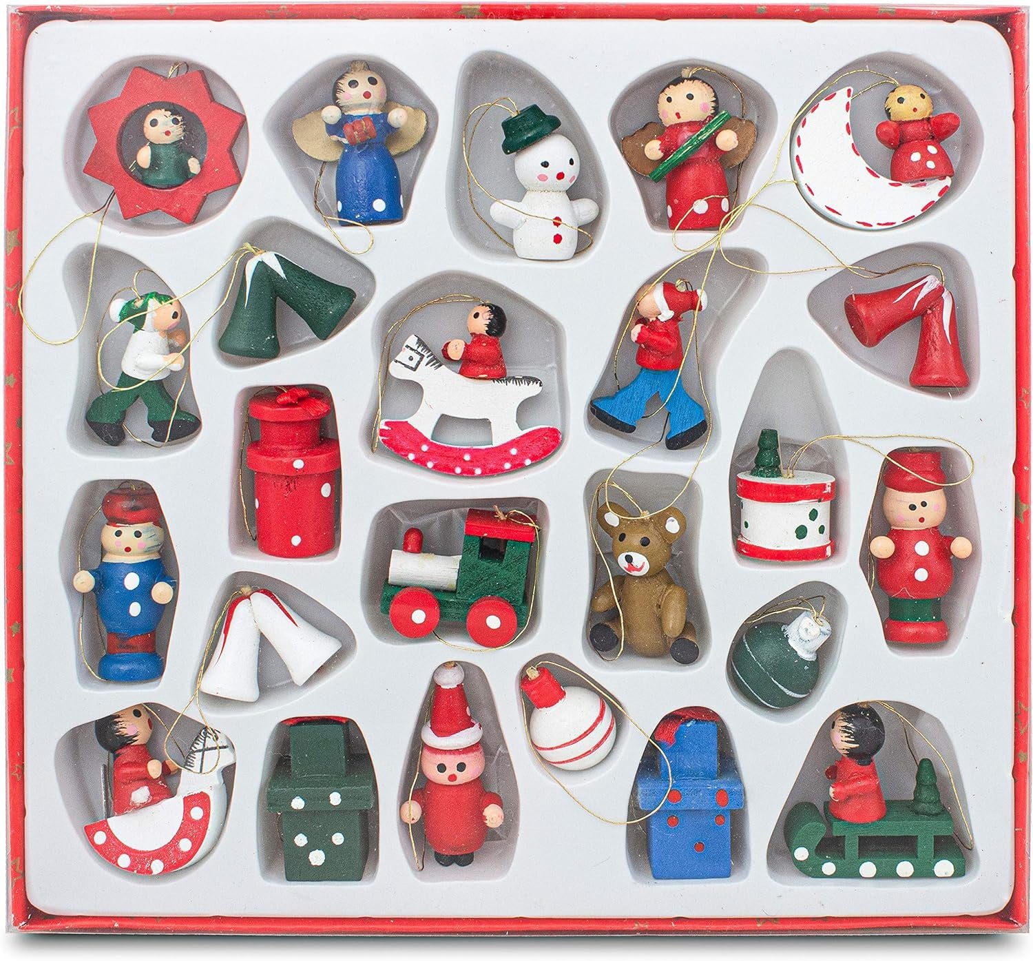 BRUBAKER Christbaumschmuck Weihnachtsbaumschmuck Set (24-tlg), 3,5 cm Holzfiguren Christbaumanhänger, handbemalt