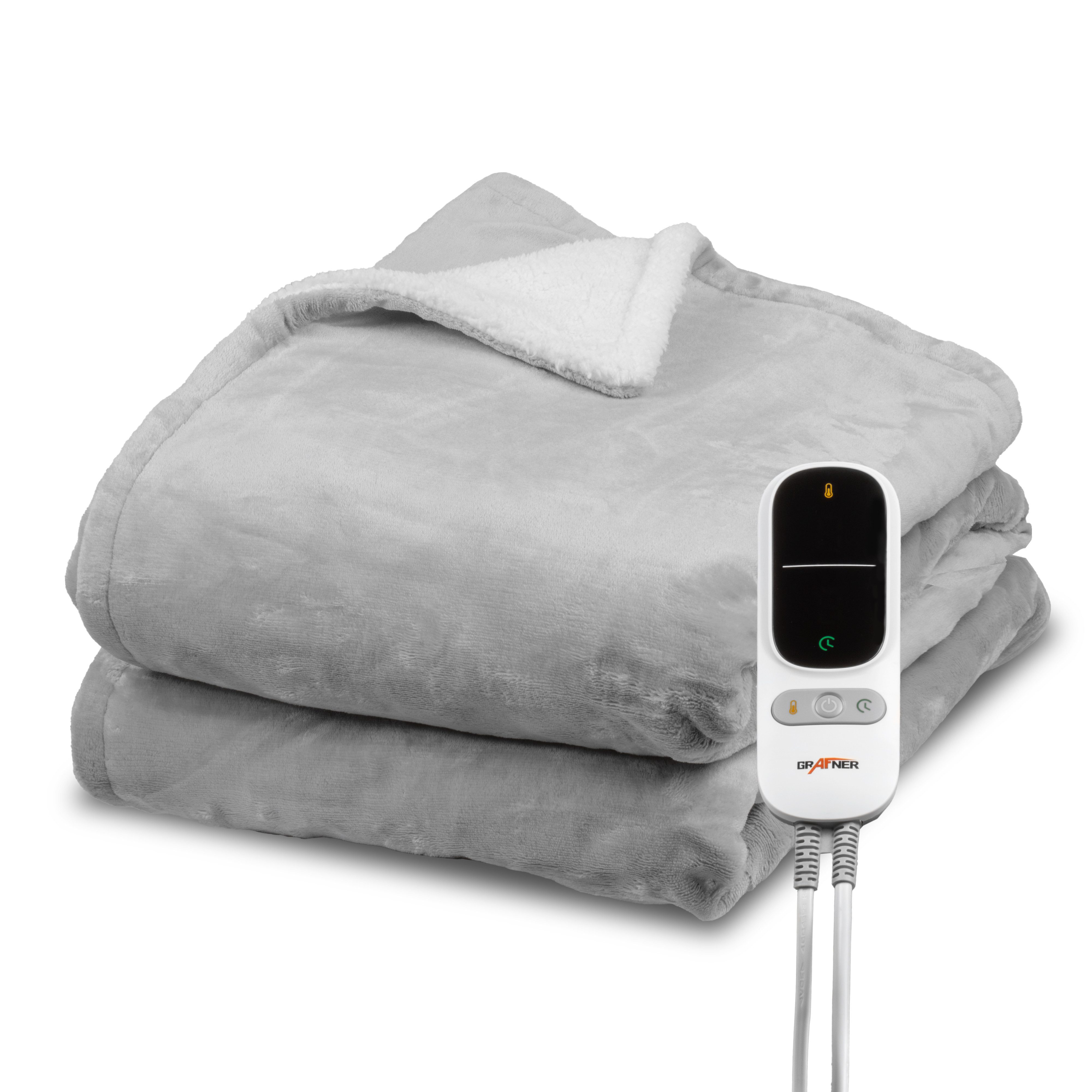 Grafner Heizdecke Wärmedecke Sherpa Fleece LED-Display 200x180cm Grau/Weiß