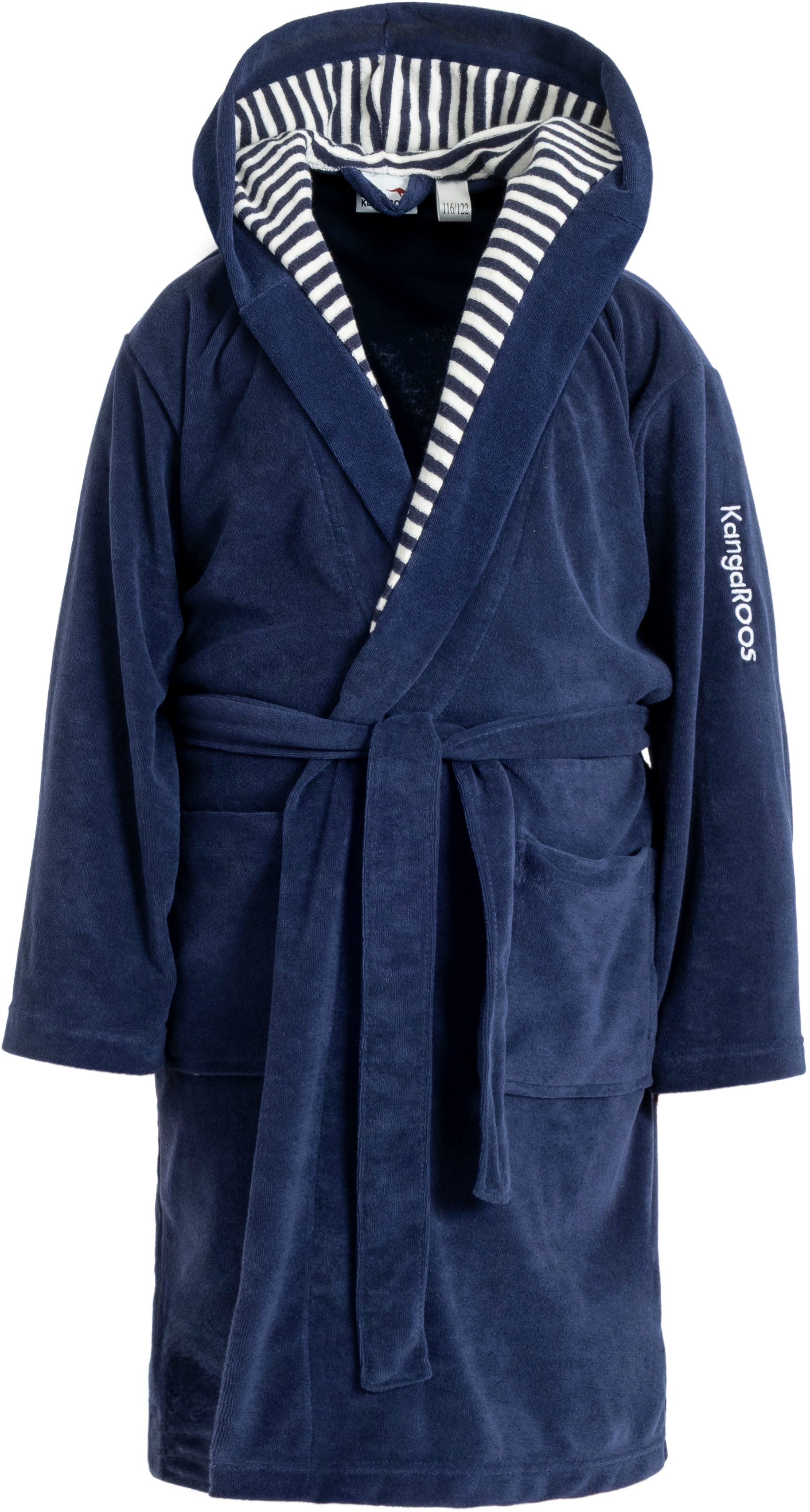 KangaROOS Kinderbademantel Dalia, Ideal für Zuhause, Schwimmbad oder im Urlaub, Langform, Veloursfrottier, Kapuze, Gürtel, Uni-Farben mit Streifen