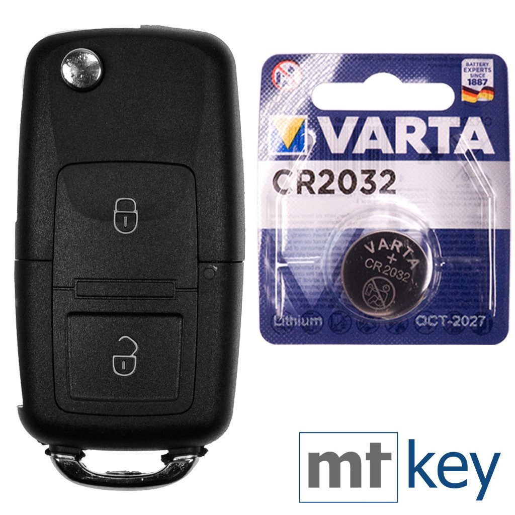 mt-key Auto Klapp Schlüssel Gehäuse 2 Tasten + HAA Rohling + VARTA CR2032 Knopfzelle, CR2032 (3 V), für VW Golf Sharan T5 SKODA Fabia Octavia Funk Fernbedienung
