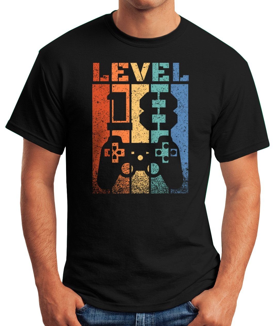 Gamer Pixel Level Print-Shirt Arcade Retro Fun-Shirt Geburtstag T-Shirt Print Controller Achtzehn Up 18 Herren Geschenk MoonWorks Moonworks® mit