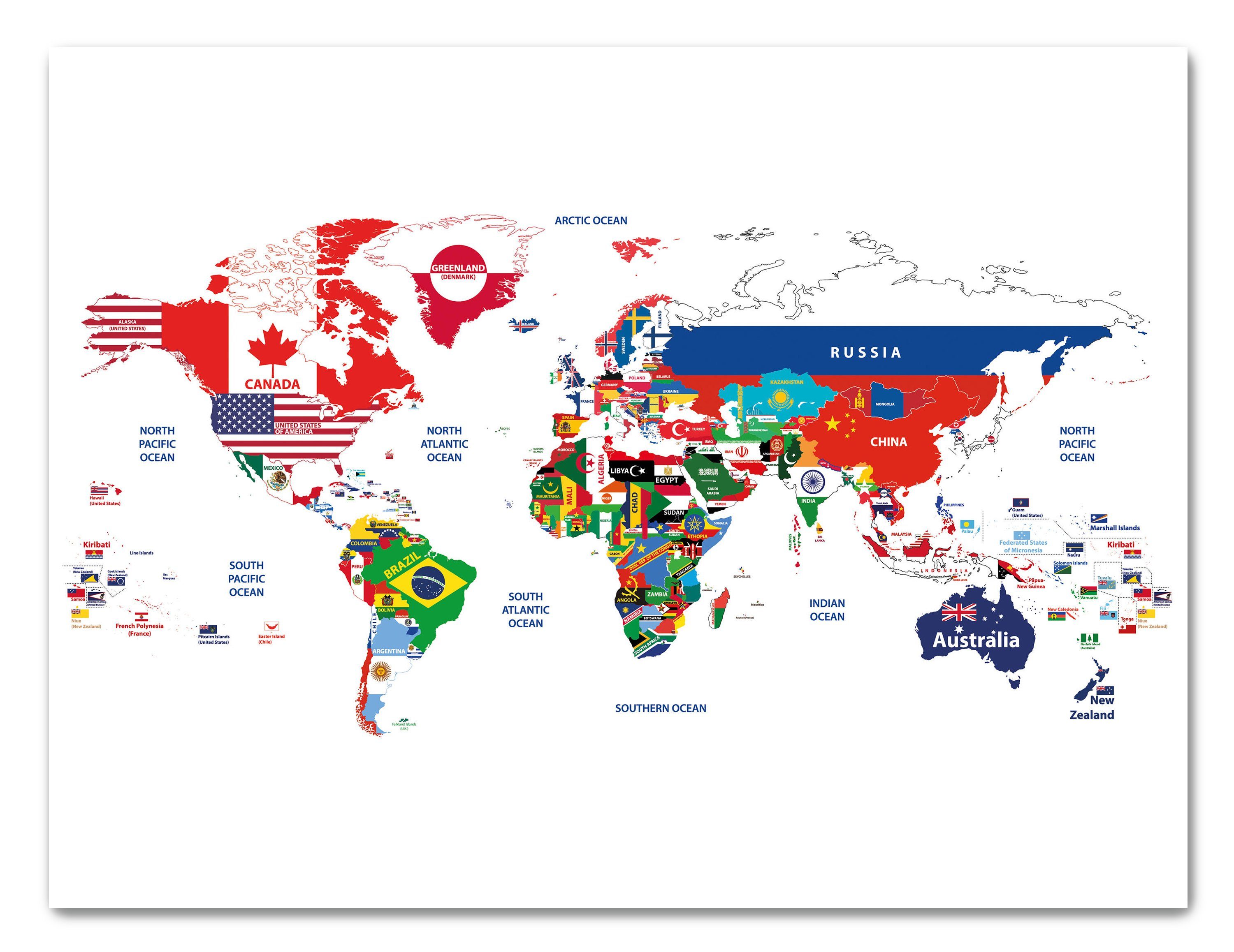 wandmotiv24 Leinwandbild Weltkarte, Querformat, Flaggen Welt, der versch. (1 Weltkarten Leinwandbilder St), Wanddeko, Größen in Wandbild
