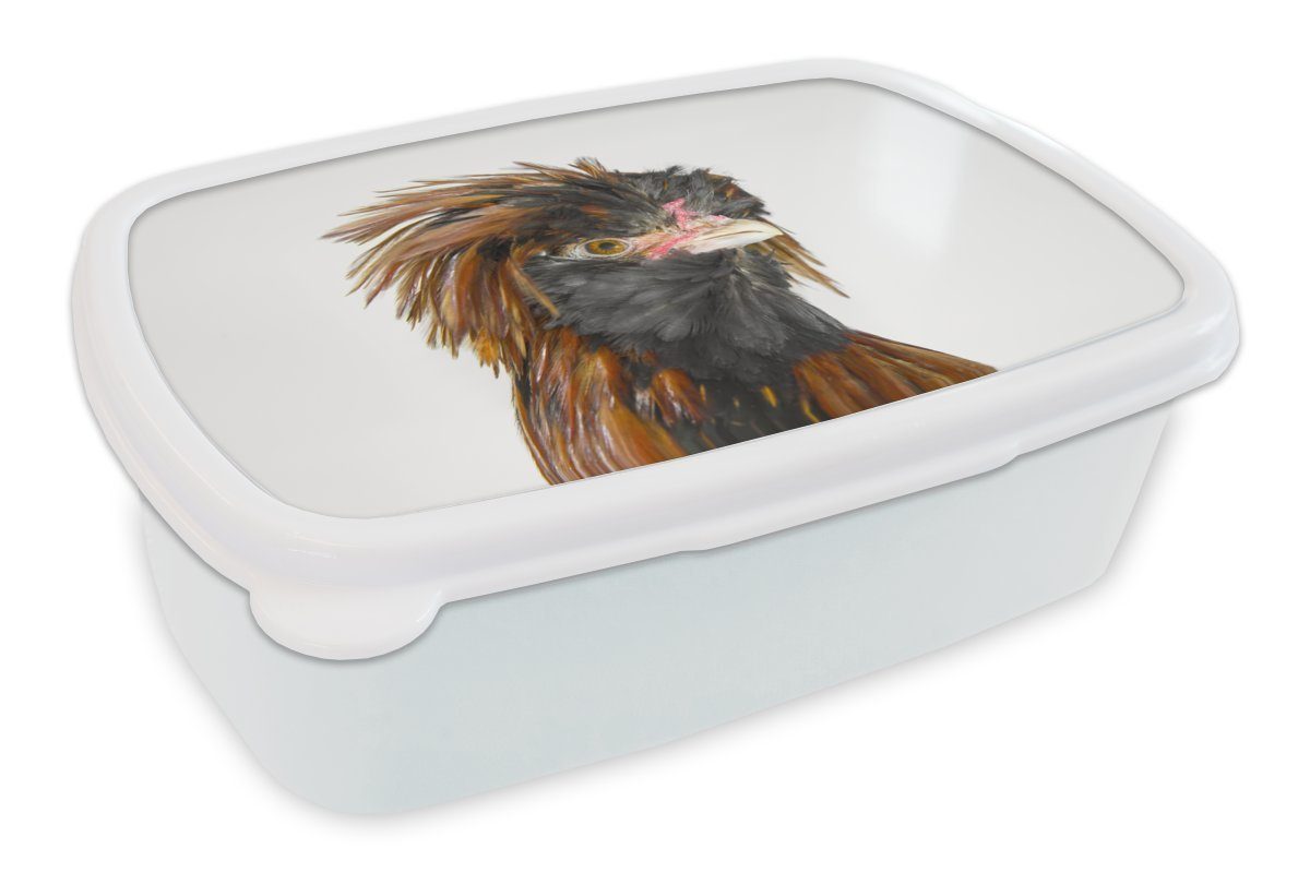MuchoWow Lunchbox Nahaufnahme eines Vogels mit wilden braunen und schwarzen Federn, Kunststoff, (2-tlg), Brotbox für Kinder und Erwachsene, Brotdose, für Jungs und Mädchen weiß