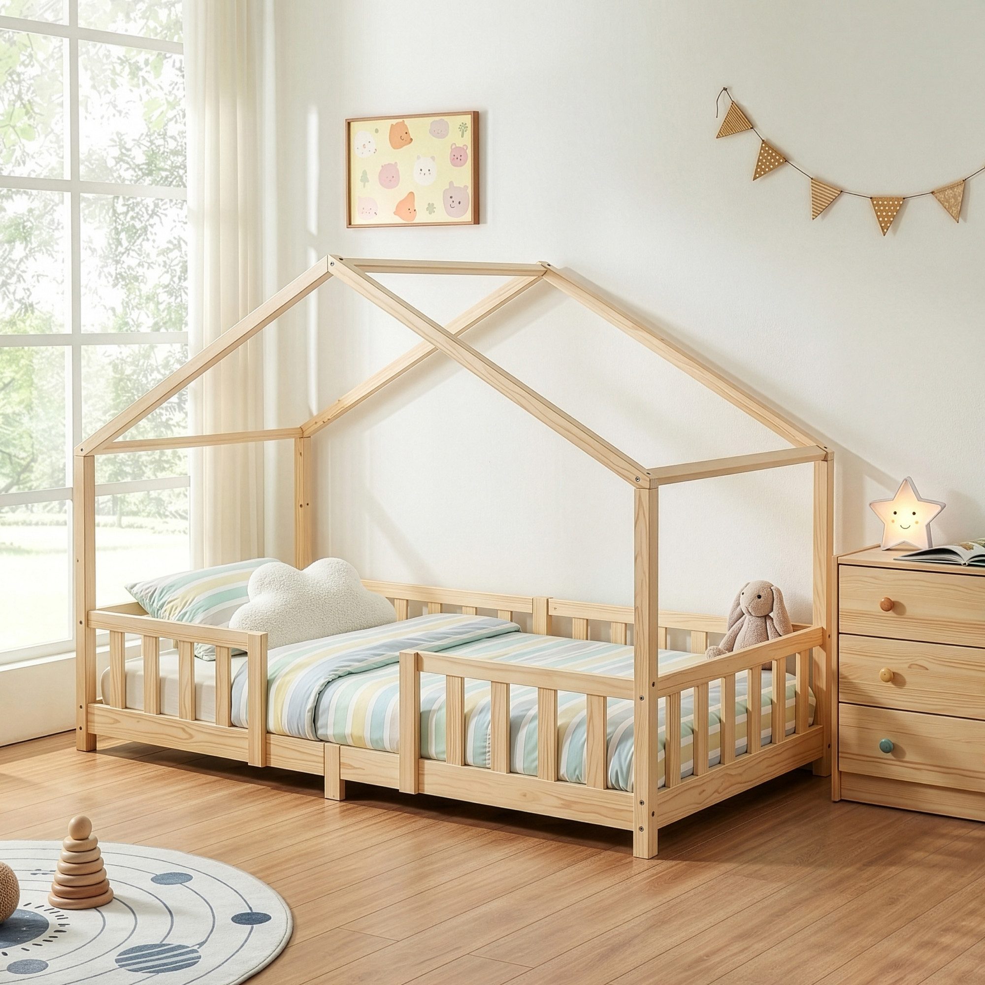 en.casa Kinderbett, »Treviolo« Haus-Optik Montessori 90x200 cm Holzfarben