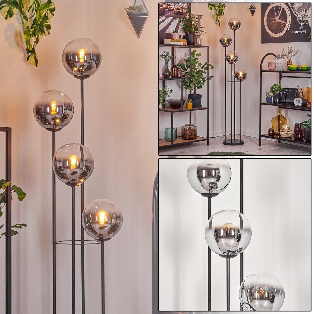 Stehlampe Stehlampe aus Metall/Glas in Schwarz/Chrom/Rauch/Klar mit Fußschalter
