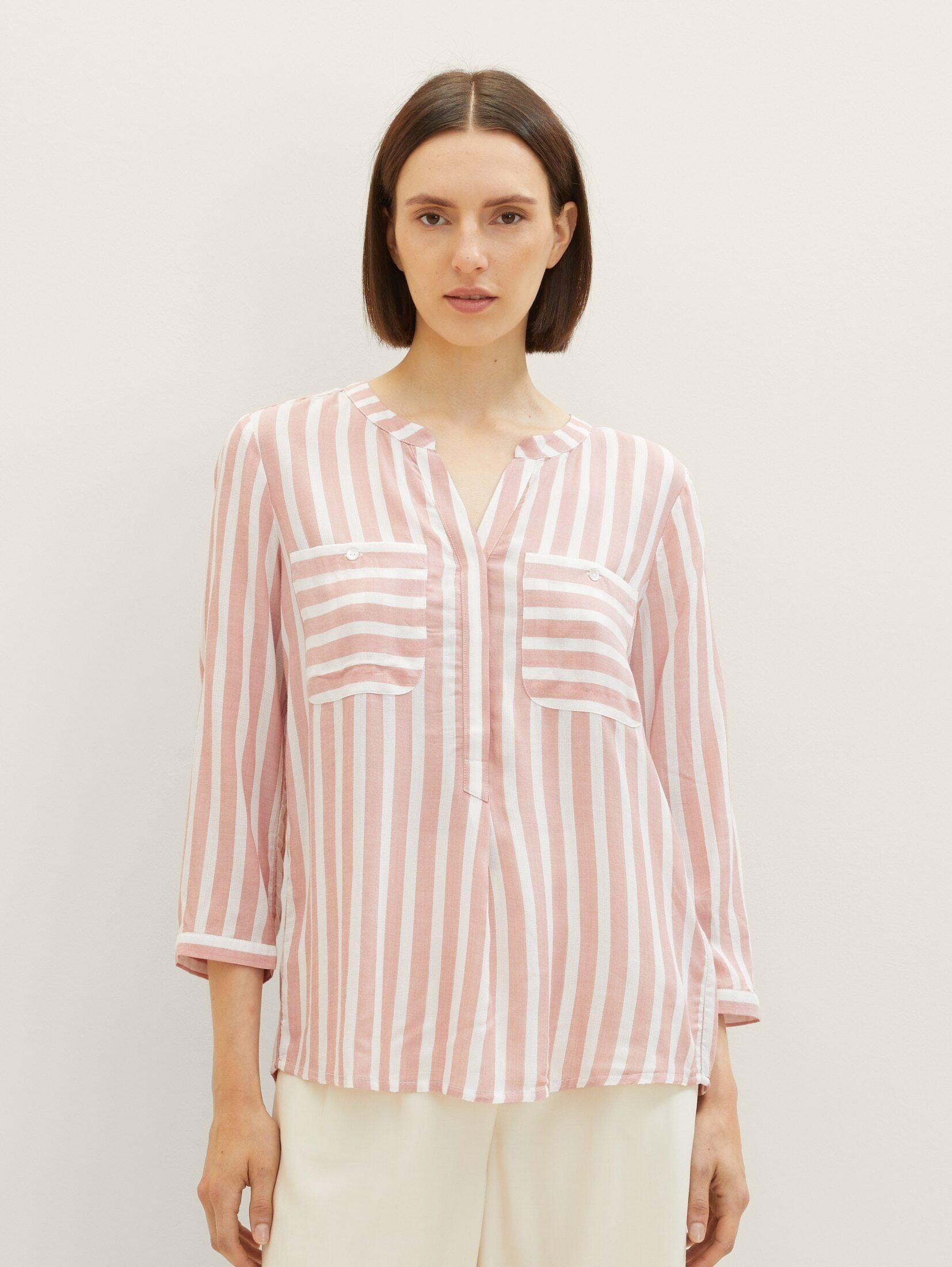 Bluse TOM stripe offwhite Taschen Gestreifte mit vertical Langarmbluse rose TAILOR