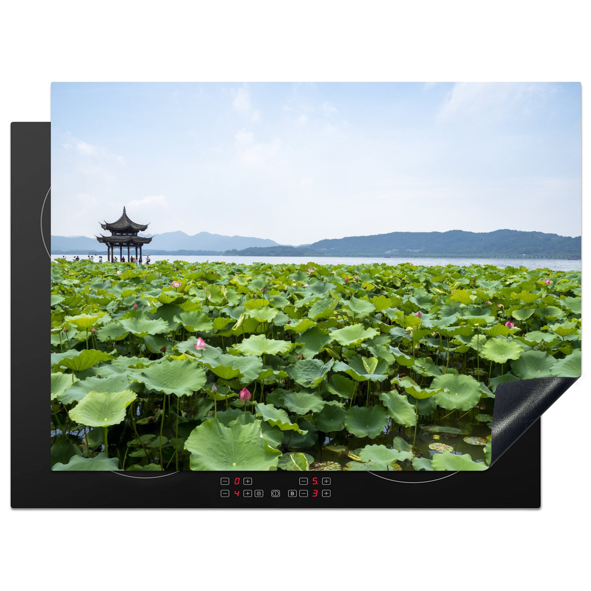 MuchoWow Herdblende-/Abdeckplatte Blick auf den Westsee in China und Lotosblumen, Vinyl, (1 tlg), 70x52 cm, Mobile Arbeitsfläche nutzbar, Ceranfeldabdeckung