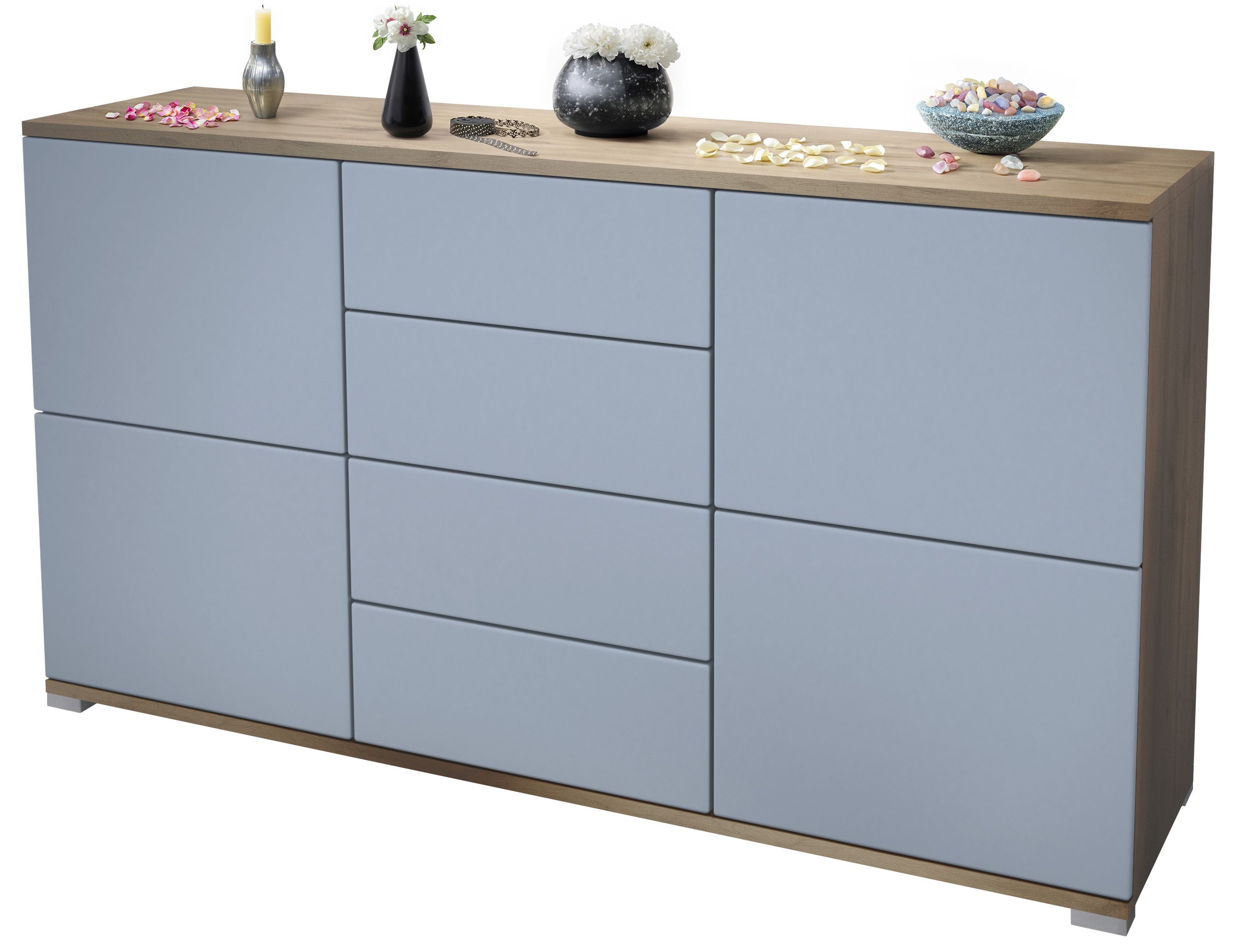 Vladon Sideboard Rova V1 (Kommode mit 4 Türen, 4 Schubladen, Made in Germany), Eiche Evoke/Denim matt (138,5 x 75,5 x 35)