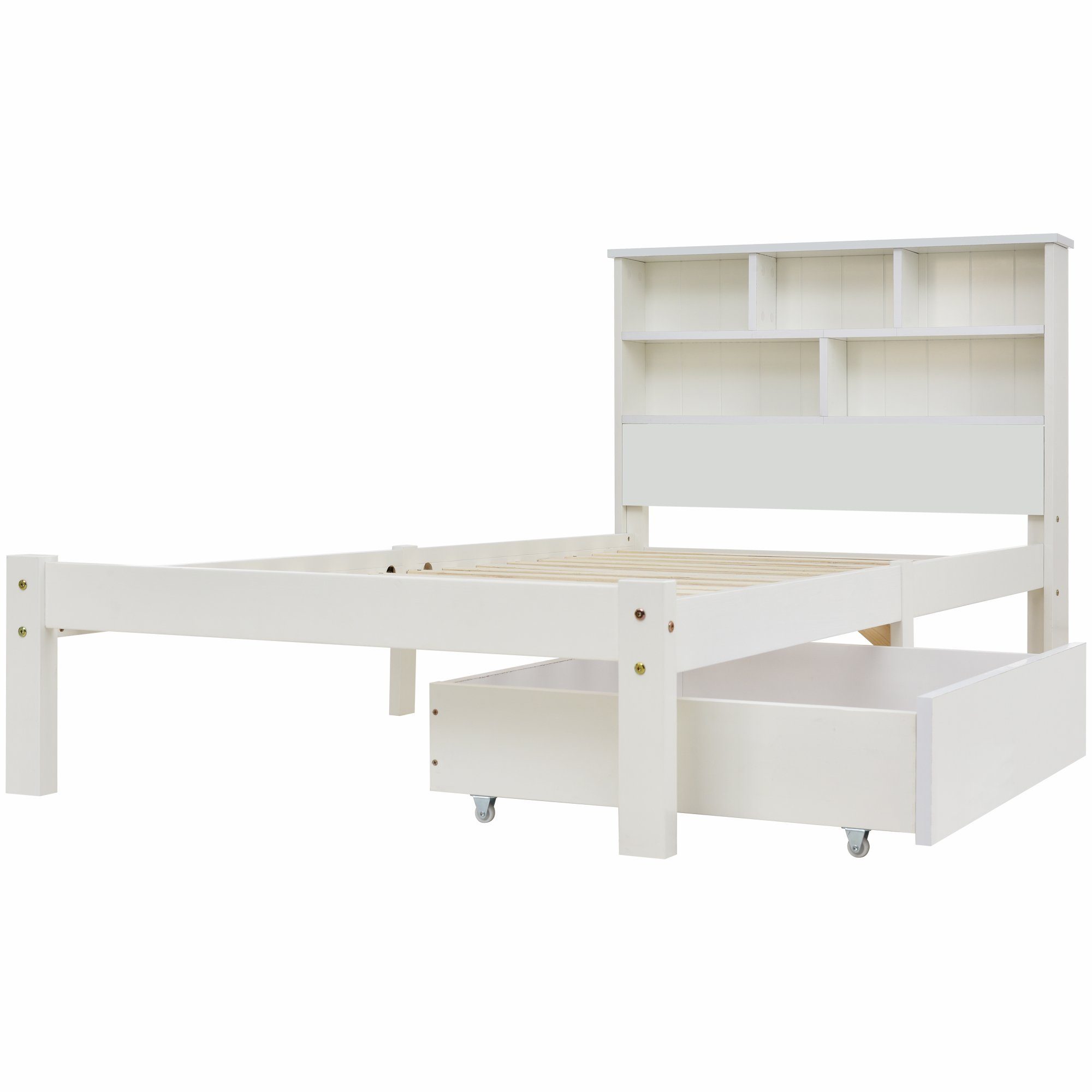 Schubladen+Lattenrost Doppelbett Holzbett Holz mit Bücherregal Kinderbett Weiß Gotagee