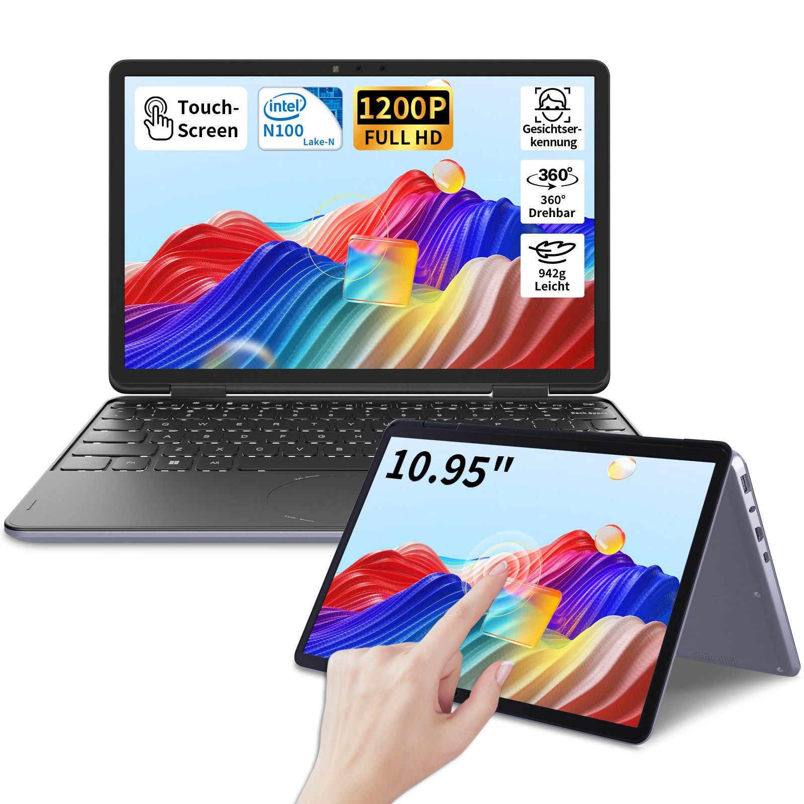 LONGEVINCE 2-in-1 Touchscreen Laptop 10,95", 16GB RAM Notebook (27,81 cm/10,95 Zoll, Intel, Intel UHD Graphics, 16 GB, 512 GB SSD, 360° Convertible, Intel N100, Windows 11 Pro, 4000mAh Akku)