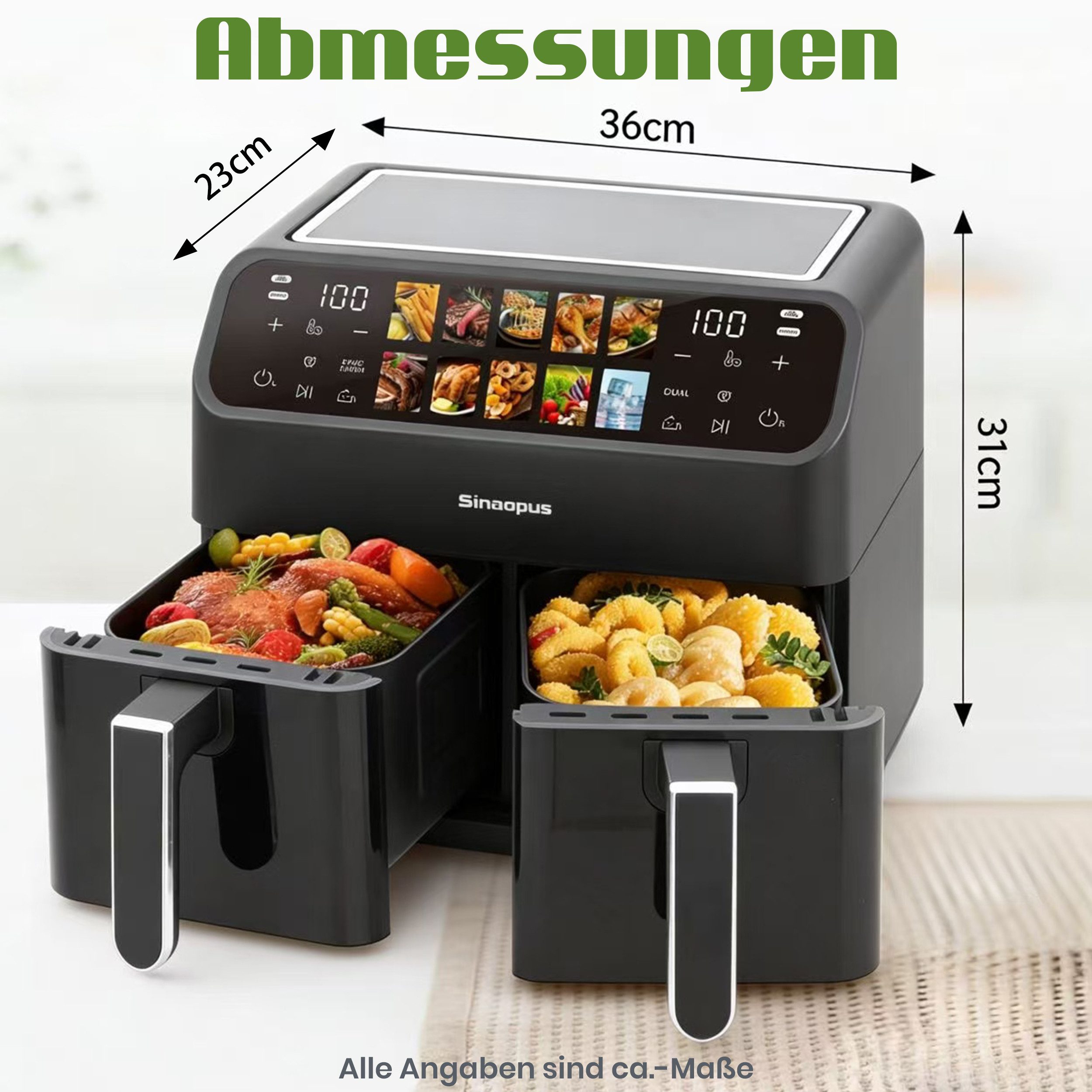 WHEELYOU Heißluftfritteuse 2 Kammern, 9L Airfryer Doppelkammer Einkammer Verstellbar, 2200 W, Touch Display, Sichtfenster, Silber/Edelstahl, Doppelkammer