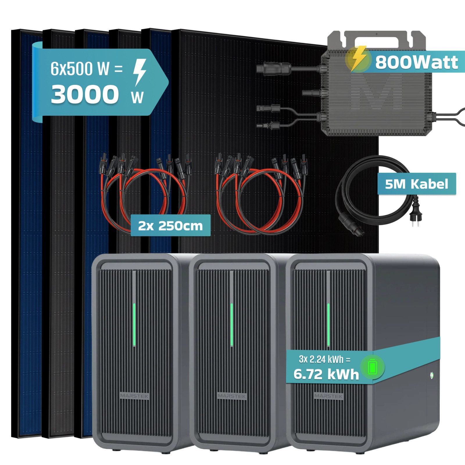 SUNNIVA Balkonkraftwerk 3000W mit 6,72 kWh Speicher, (MARSTEK 3x B2500-D, BIFAZIAL FULLBLACK komplett Steckdose, PV Solaranlage Komplettset mit Solarspeicher, 6x 500W N-Type Glas-Glas Bifacial Module)
