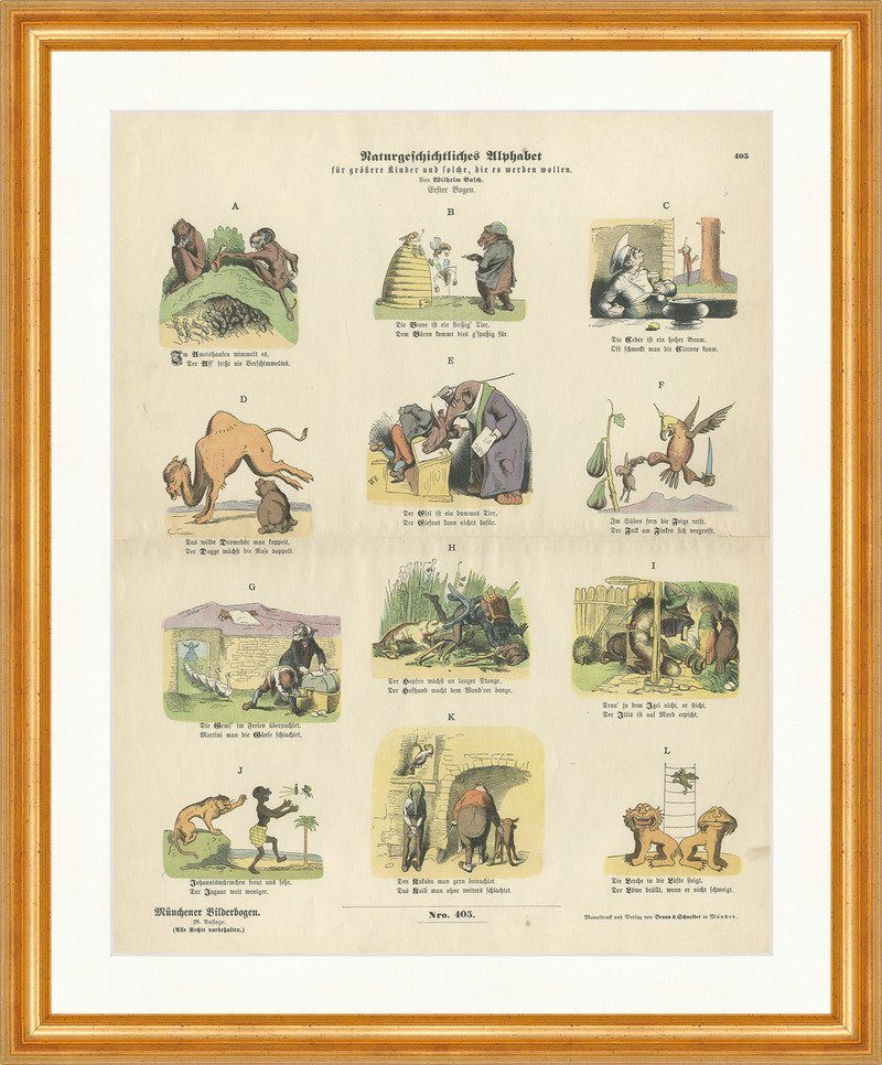 Kunstdruck Naturgeschichtliches Alphabet I Wilh. Busch Münchener Bilderbogen 405
