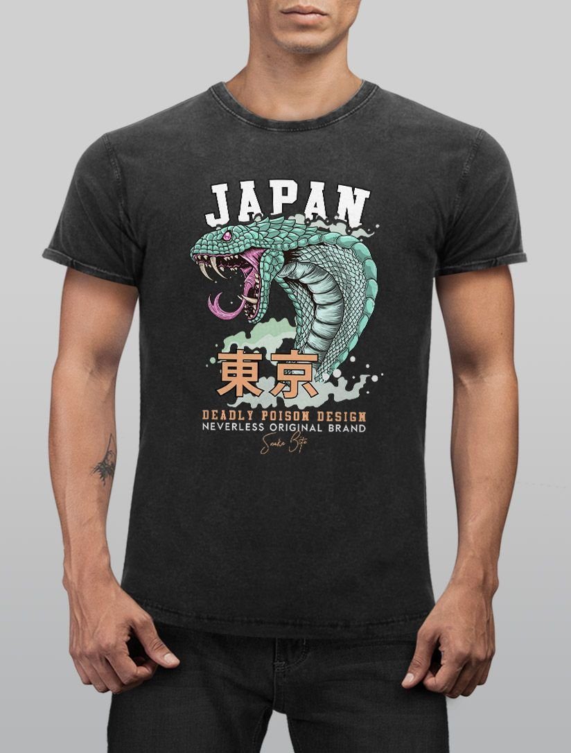 Neverless Design Schriftzeichen Motiv Look Deadly Shirt Vintage japanische Print-Shirt Fashion Herren Slim Print Used Kobra Fit Printshirt Streetstyle mit Neverless® Japan Schriftzug Poison T-Shirt