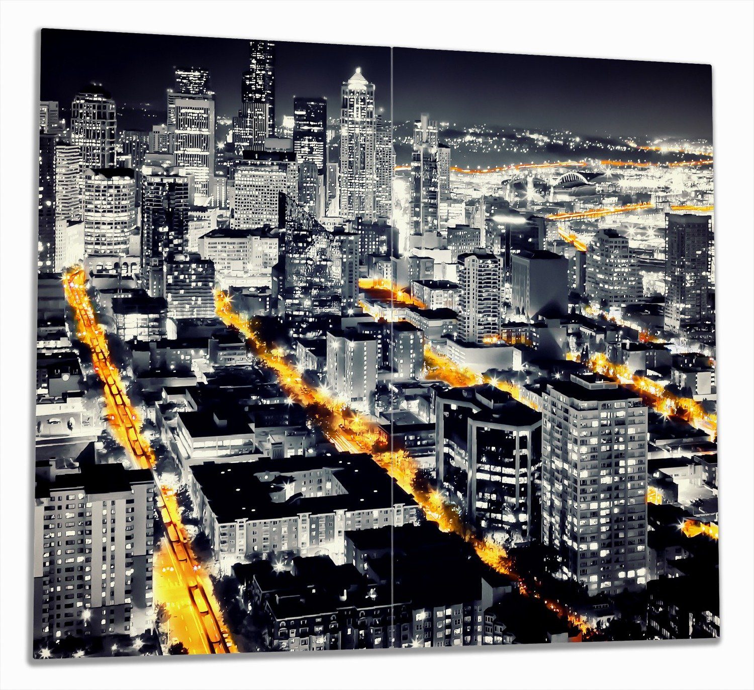 Wallario Herd-Abdeckplatte Großstadt bei Nacht - Seattle in schwarz weiß gelb, ESG-Sicherheitsglas, (Glasplatte, 2 tlg., inkl. 5mm Noppen), verschiedene Größen