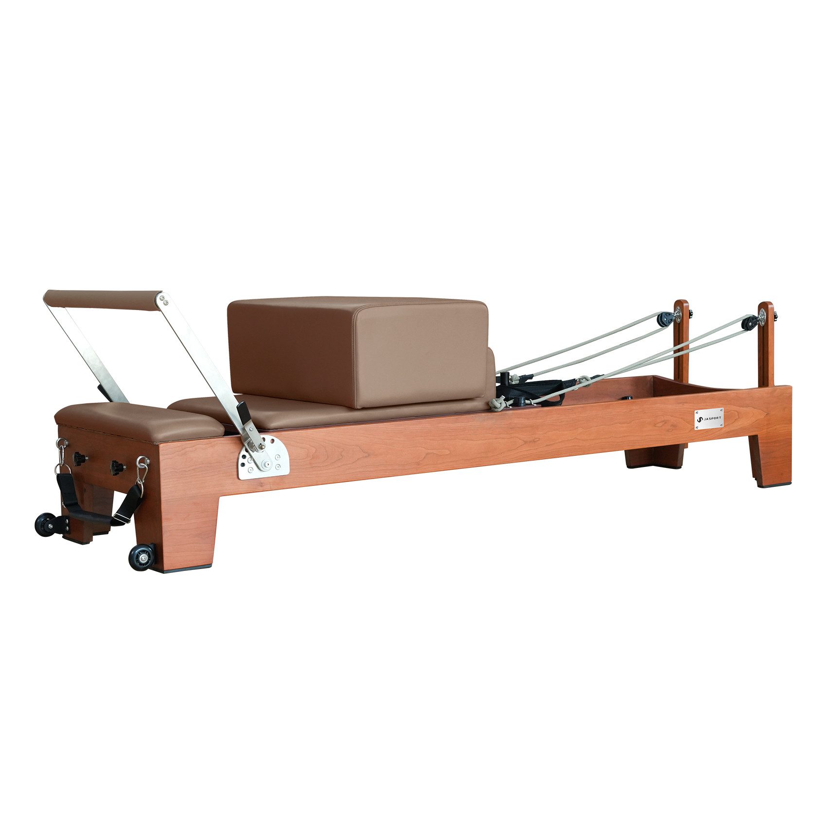 JASPORT Pilates-Reformer Hochwertige Holz-Reformer Serie für Pilates-Studios, (Inklusive Zubehör, Reformer-Set), Human-Bearing-System, Geräuscharme Rollen, Dreistufige Federplatte