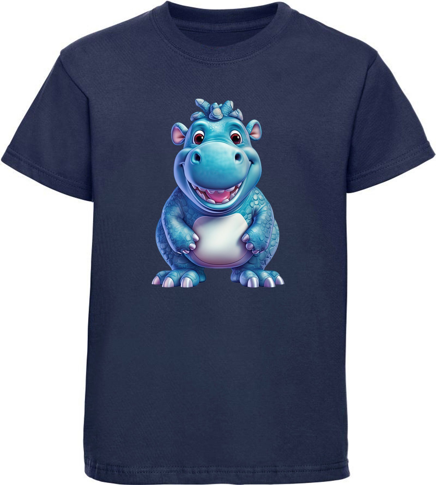 MyDesign24 T-Shirt Kinder Wildtier Print Shirt bedruckt - Baby Hippo Nilpferd Baumwollshirt mit Aufdruck, i274 navy blau