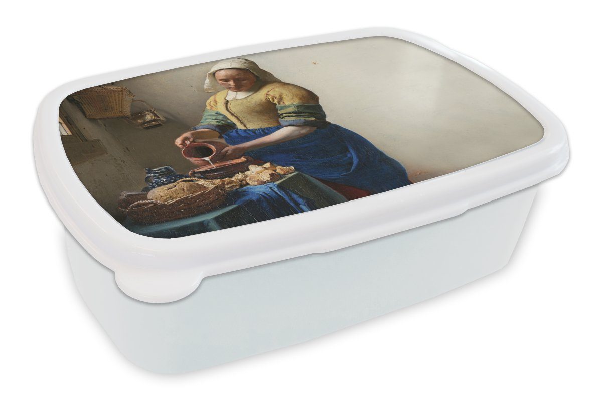 MuchoWow Lunchbox Das Milchmädchen - Kunst - Alte Meister - Vermeer, Kunststoff, (2-tlg), Brotbox für Kinder und Erwachsene, Brotdose, für Jungs und Mädchen weiß