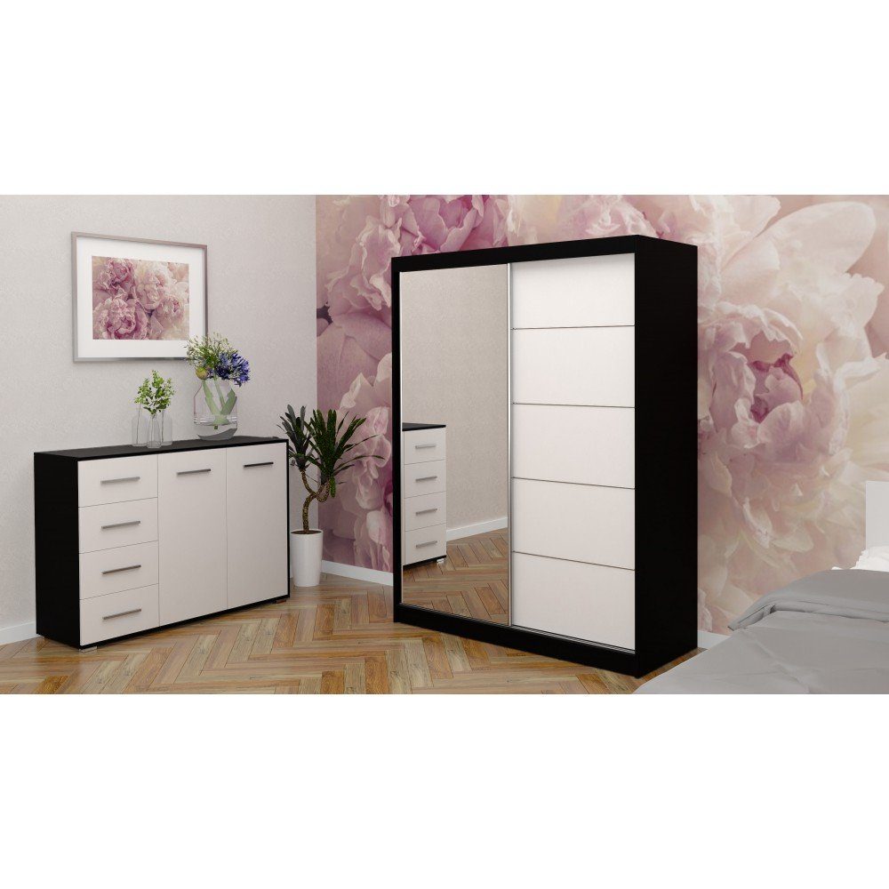 Polini Home Kleiderschrank Prime Comfort Möbelset 2-teilig schwarz-weiß Schiebetürenschrank mit Kommode