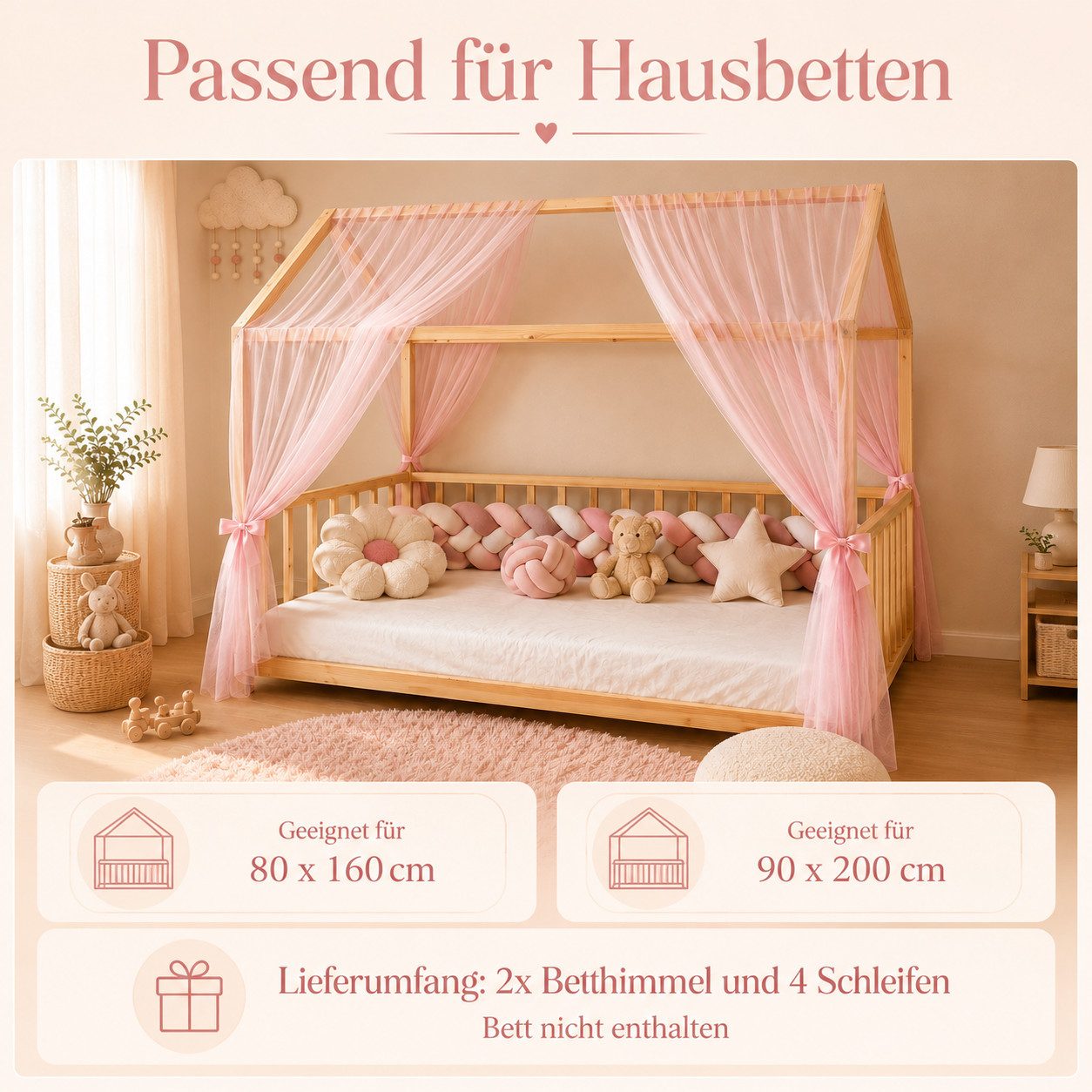 Baby Fancyroom Betthimmel Hausbett Himmel Premium Tüll, Baldachin für Kinderbett Mädchenzimmer, 2-teilig, mit 4 Schleifen, Premium Tüll