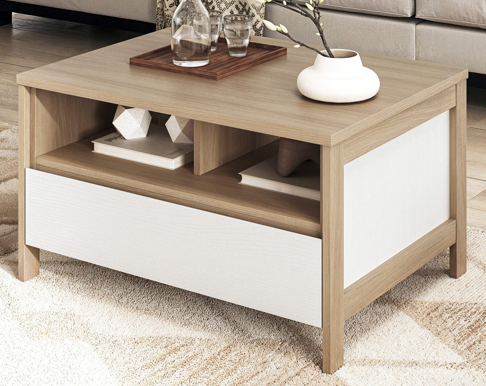 Furn.Design Couchtisch Finnes (Wohnzimmer Tisch in Eiche natur mit Eiche weiß, mit Schubkasten und Ablagen, 80 x 60 cm), Soft-Close-Funktion
