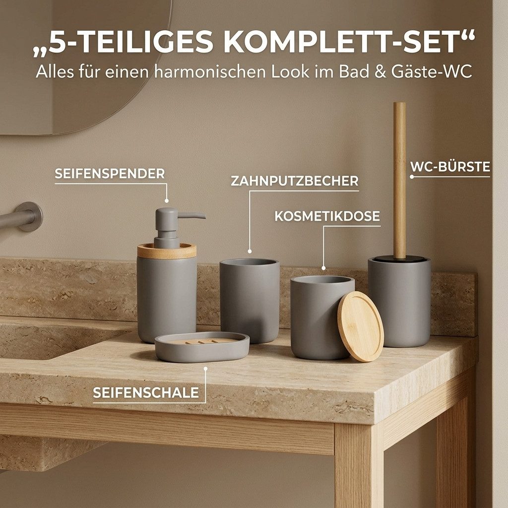 TENDANCE Badaccessoire-Set 5 teilig Zahnputzbecher Seifenspender Seifenschale WC Bürste Wattedose, Seifenablage, Seifendose