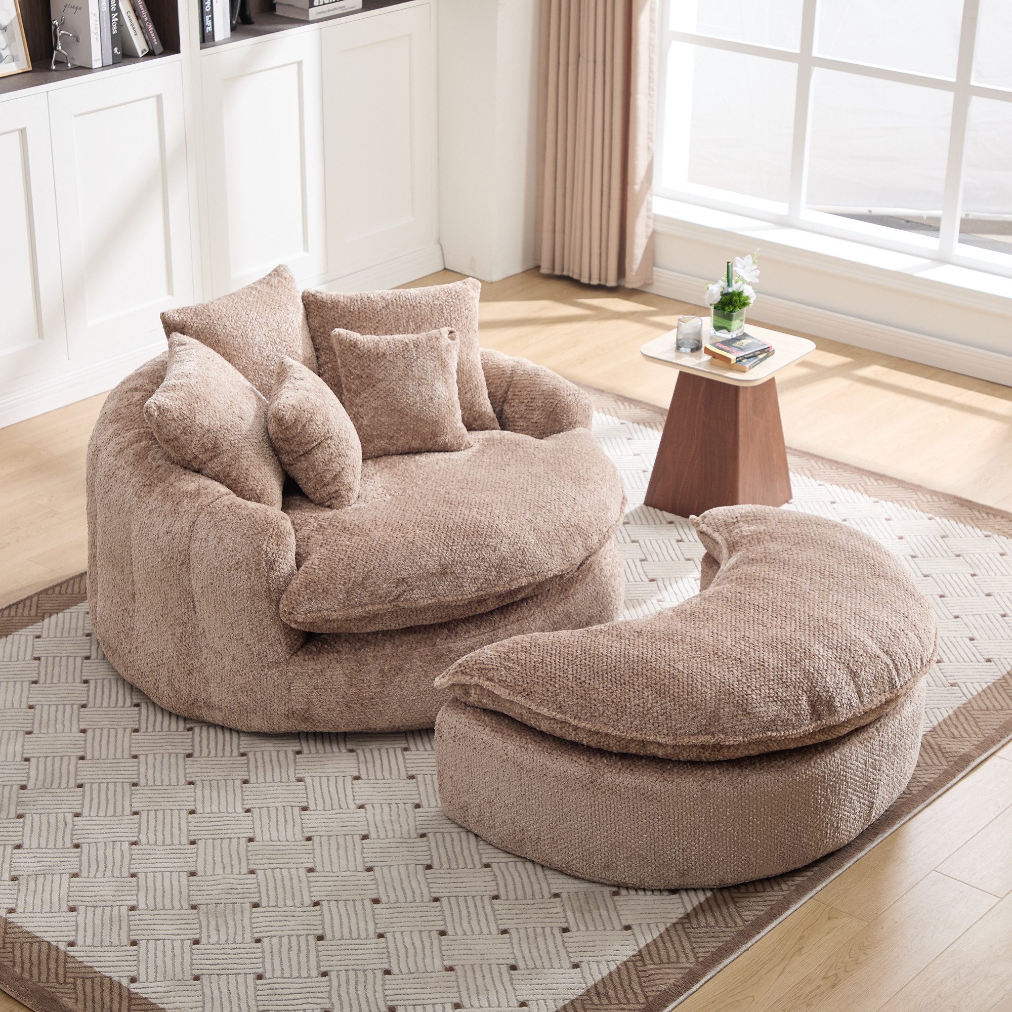Celya Sessel 55-Zoll-langer Polyester-Schaumstoff-Sessel mit Kissen (oversized runder Stuhl, Sofa-Bett, breiter Sessel)