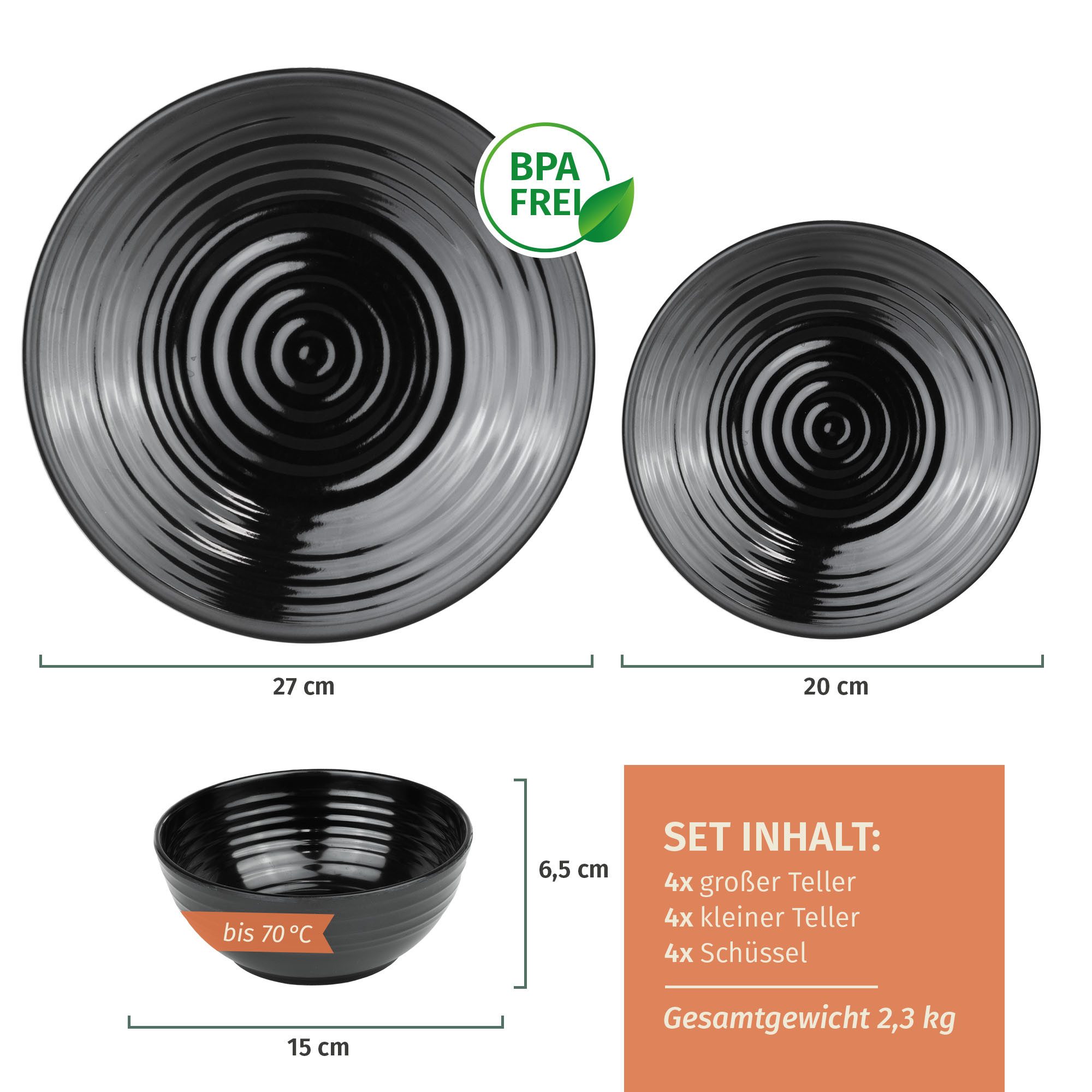 Moritz Geschirr-Set Camping Geschirr Stone Black 12-teilig