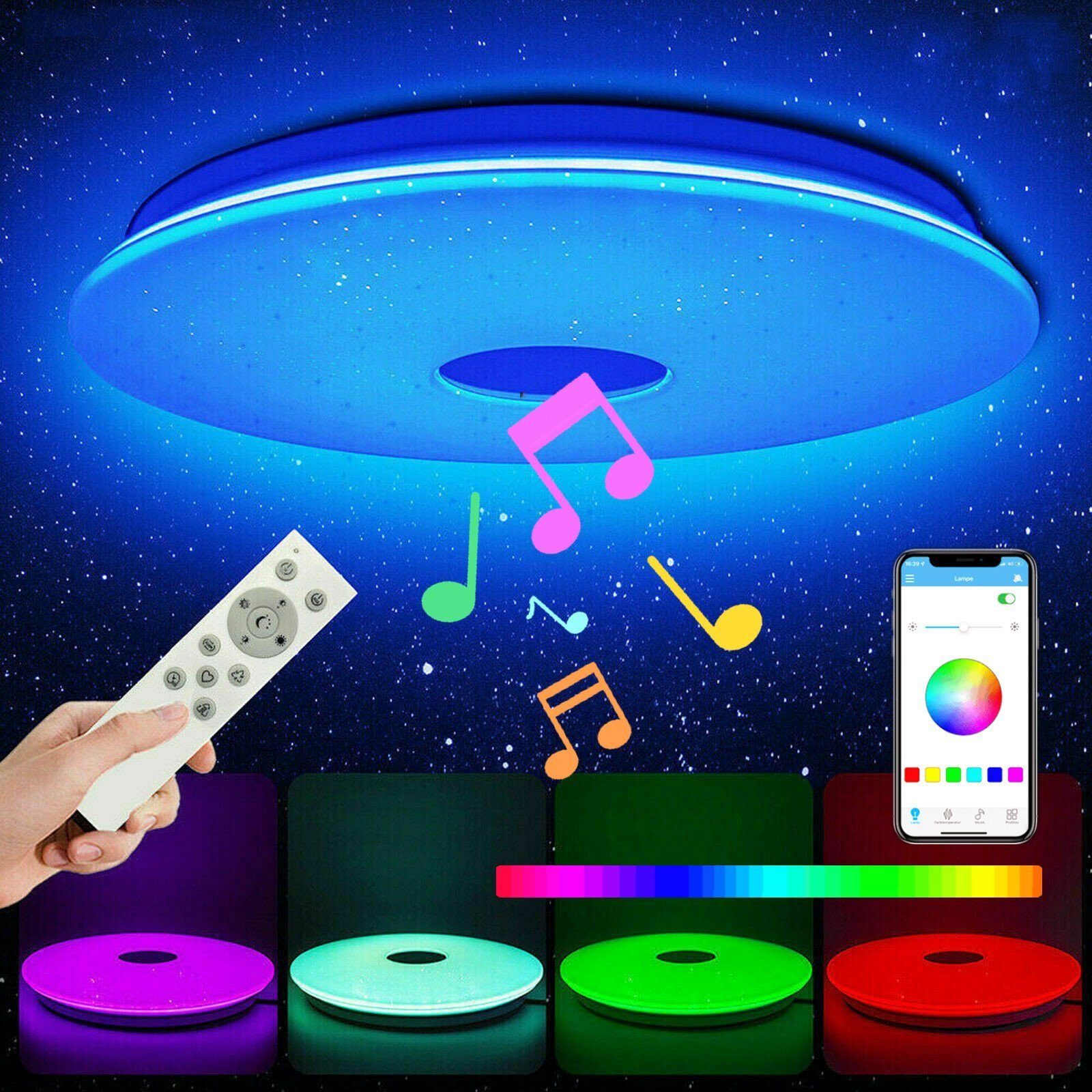 LETGOSPT Deckenleuchte LED Deckenlampe, mit Bluetooth Lautsprecher, RGB, Fernbedienung, APP, LED fest integriert, RGB, Tageslichtweiß, LED Deckenleuchte, für Badezimmer Schlafzimmer Wohnzimmer 36W LED Deckenleuchte