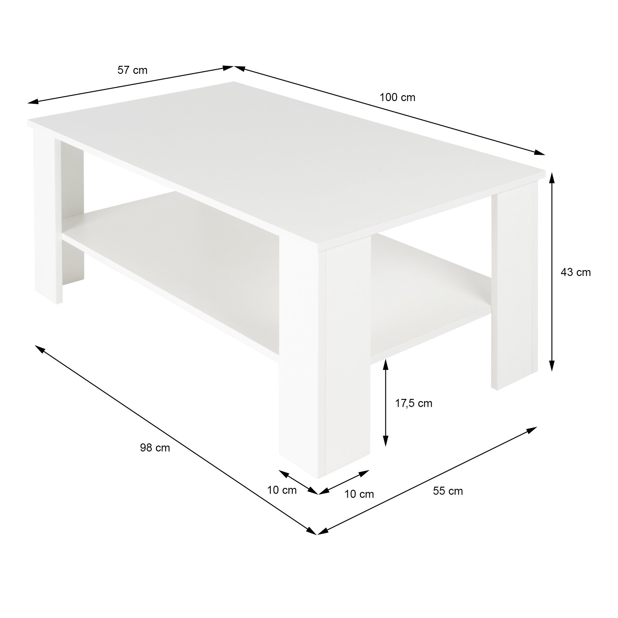 Wohnzimmertisch Sofatisch Wohnzimmer Weiß ML-DESIGN Holz Kaffeetisch, Geräumig Couchtisch Beistelltisch 100x57x43cm