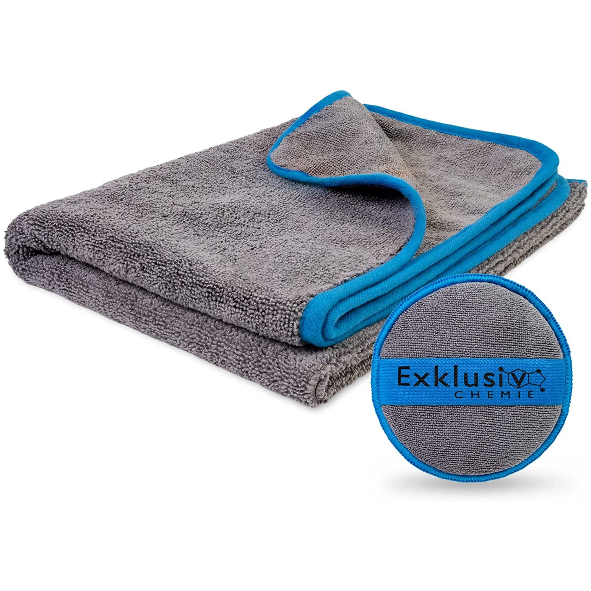 Exklusiv Chemie GmbH Q3 Trockentuch Mikrofasertuch (1-tlg., 1x Trockentuch + 1x Handpolierschwamm, Saugstark, Fusselfrei & Lackschonend)