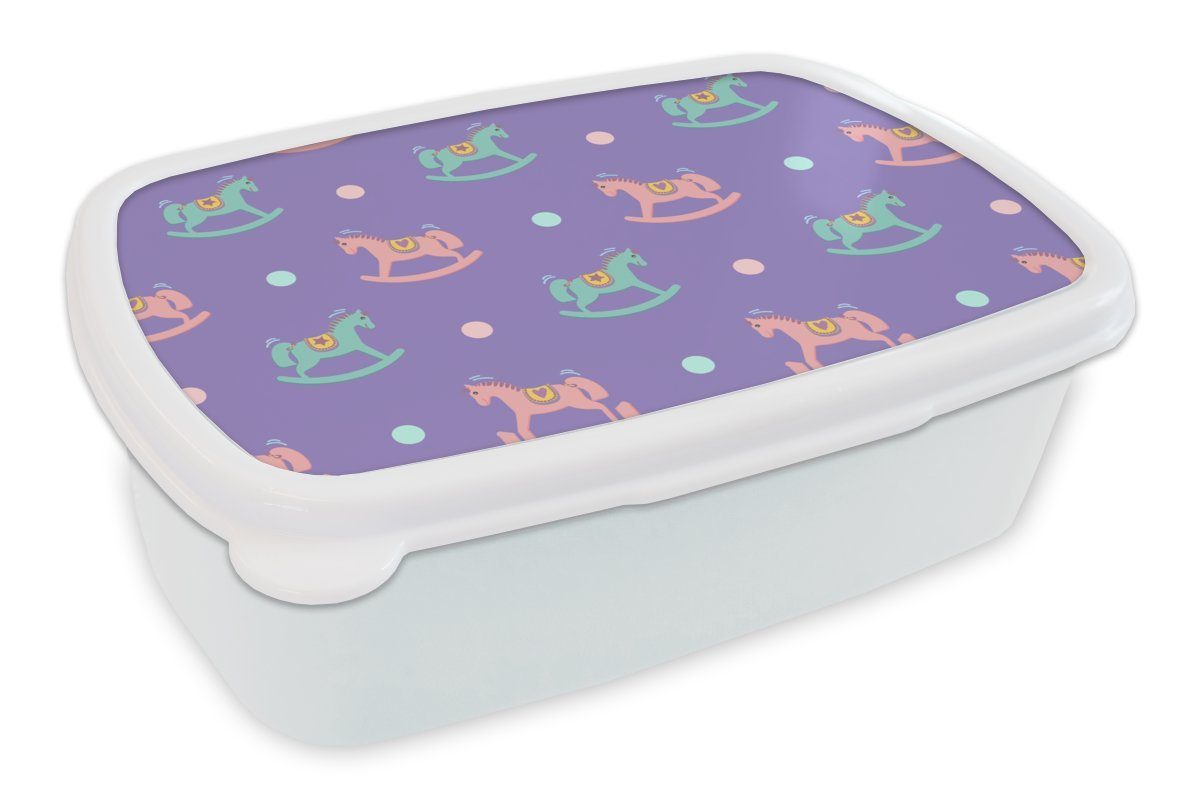 MuchoWow Lunchbox Schaukelpferd - Muster - Geburt, Kunststoff, (2-tlg), Brotbox für Kinder und Erwachsene, Brotdose, für Jungs und Mädchen weiß