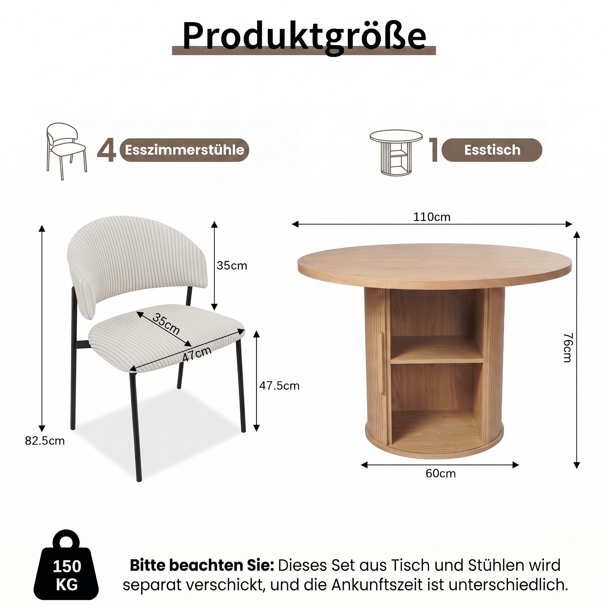 Jiexi Essgruppe Essgruppe rund Ø110cm MDF Eiche mit Stauraum & Cord-Stühlen