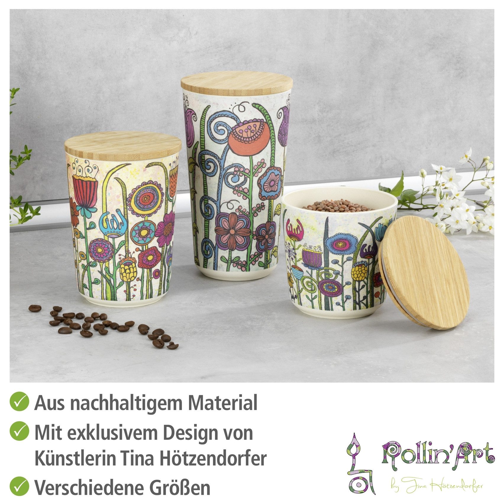 WENKO Aufbewahrungsdose Modell Garden (Set, 3 St), aus Biokunststoff, mit Bambusdeckel, FSC-zertifiziert