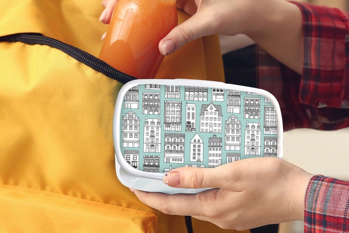 MuchoWow Lunchbox Muster - und Erwachsene, - für Kunststoff, (2-tlg), Mädchen weiß Brotbox und Skyline, Haus Kinder für Brotdose, Jungs