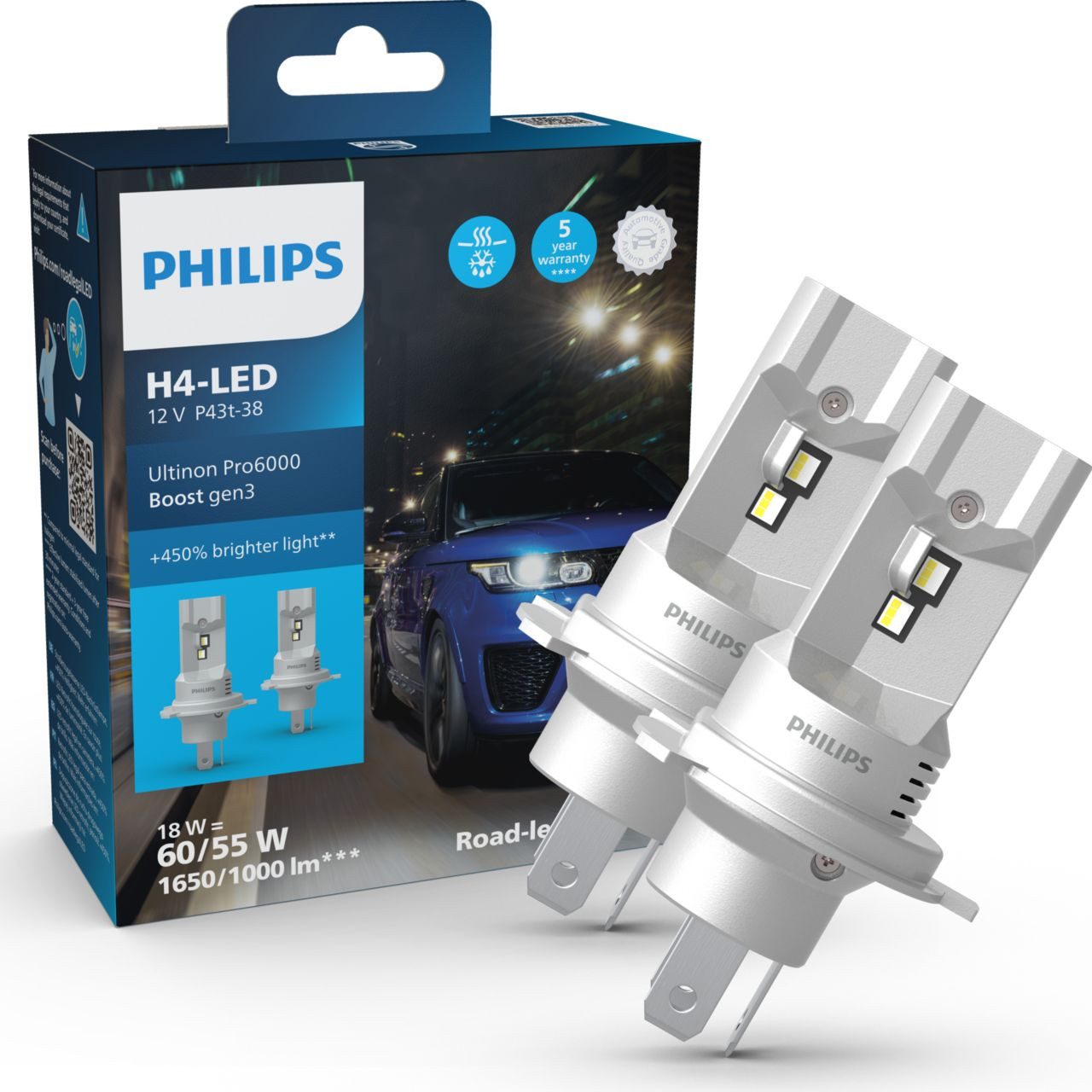 Philips KFZ-Ersatzleuchte LED H4 12V/24 18W Ultinon Pro6000 Boost Gen3, H4, Kaltweiß, +450% mit Straßenzul. 2St.