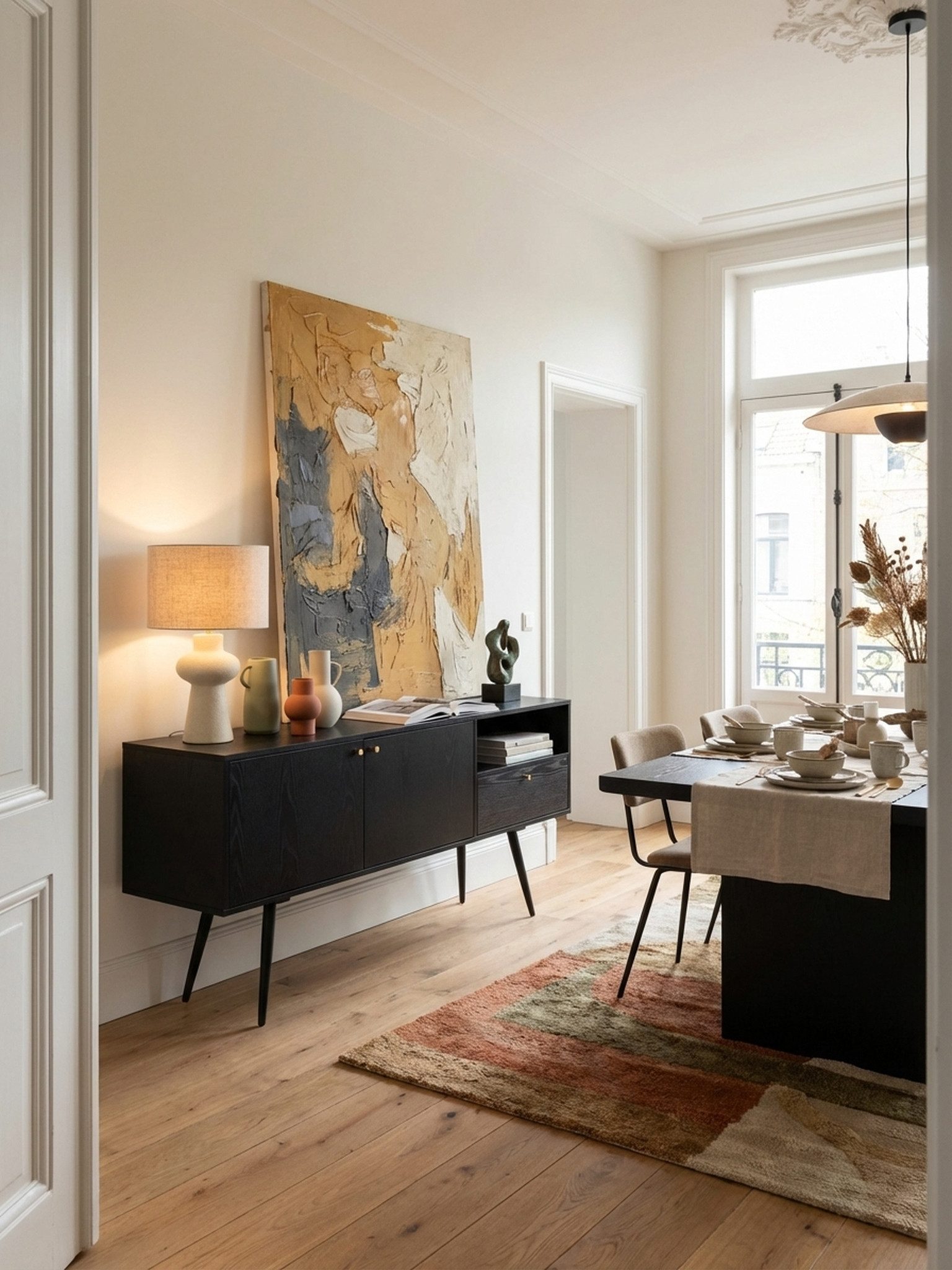 KADIMA DESIGN Kommode Sideboard 140x75x40 cm Kommode Schwarz mit Eiche-Dekor Zeitlos, Hoher (Anrichte mit offenem Fach), Kommodenschrank, Standschrank Wohnzimmer mit 2 Türen und Schublade