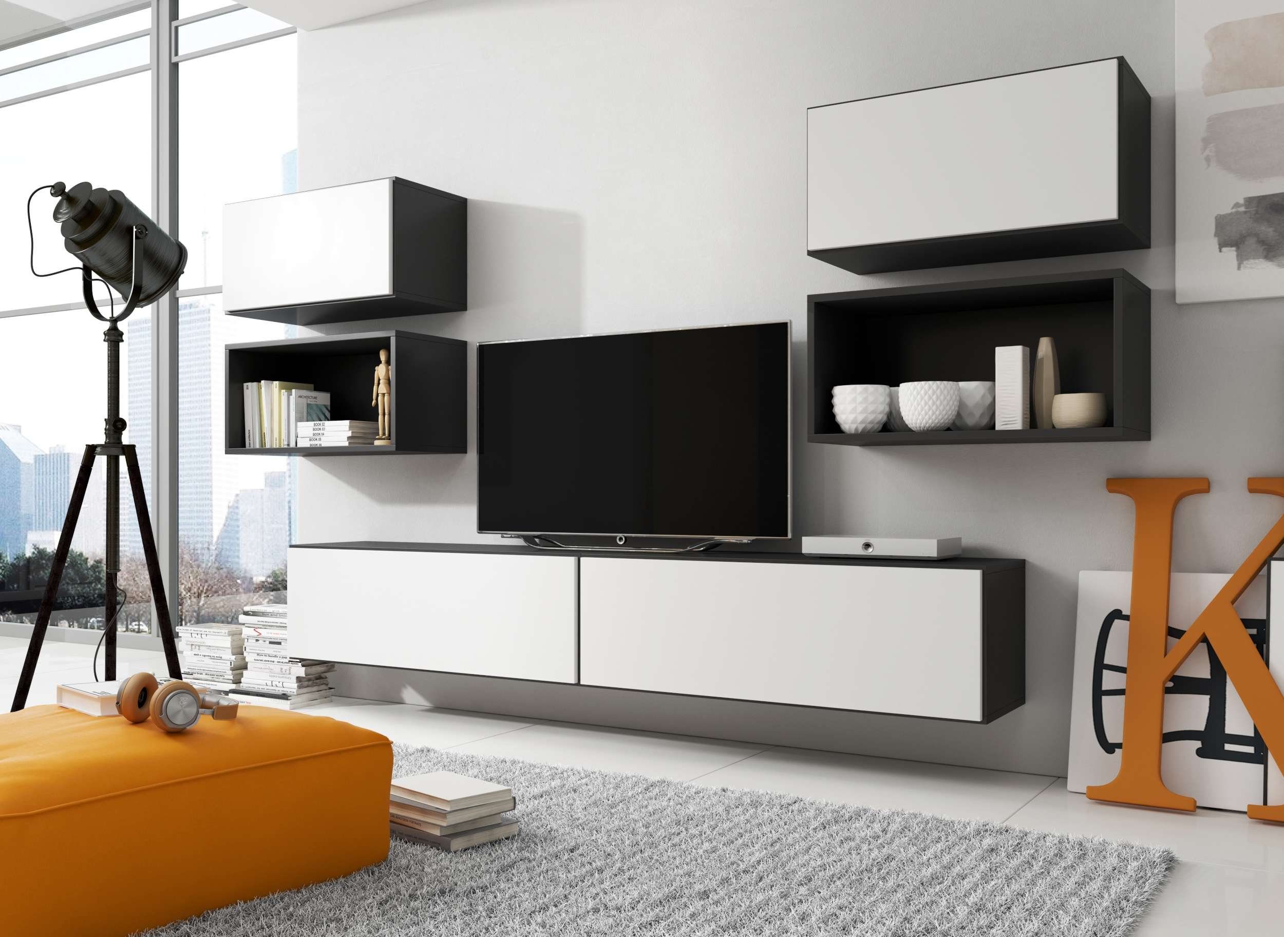 Stylefy Wohnwand Cono III, (Set (6-St), Wohnmöbel, Wohnzimmer-Set), bestehend aus 2xWandregal und 4xHängeschrank, mit Push-to-Open, Modern Design Schwarz Matt - Weiß Matt