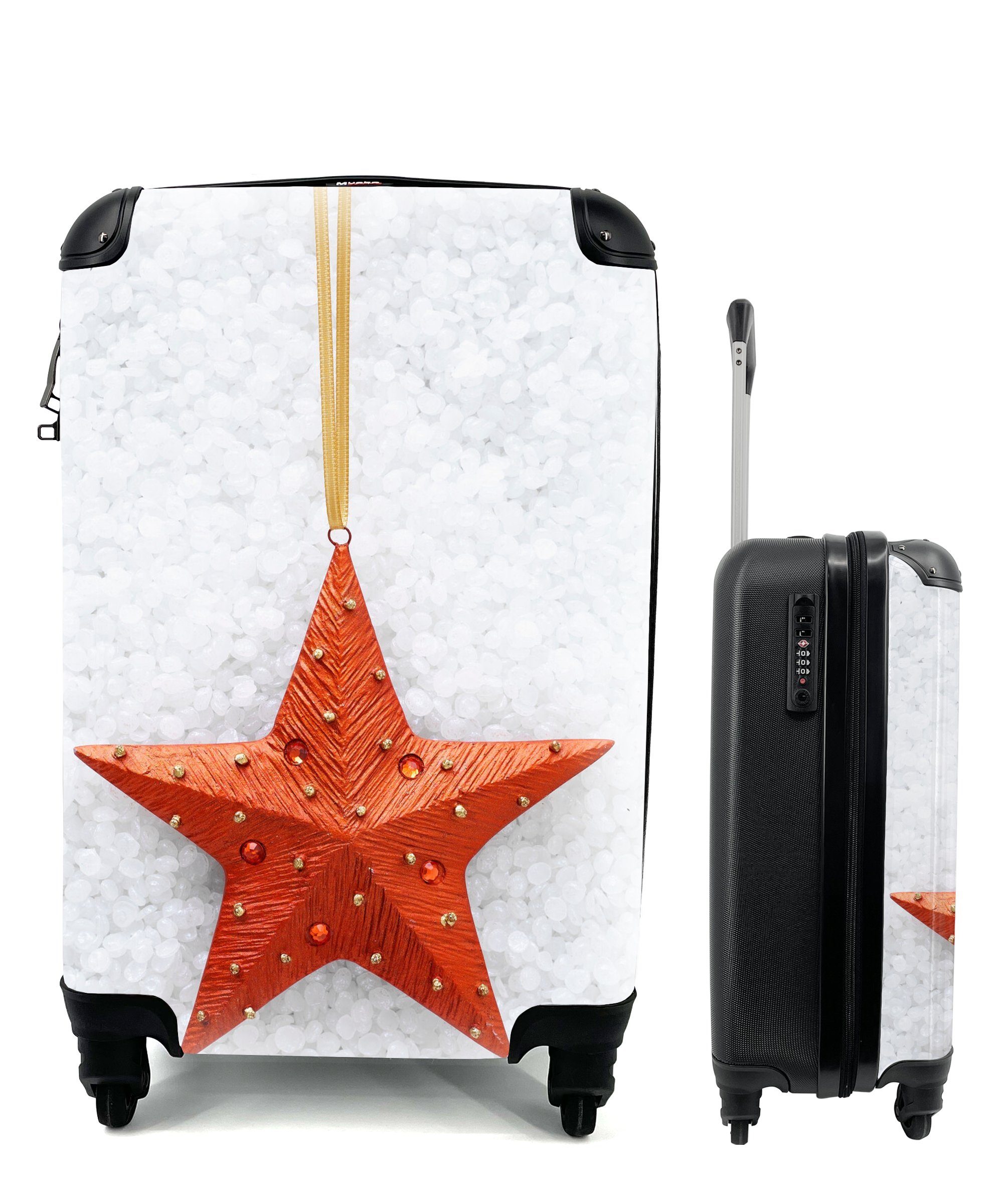 MuchoWow Handgepäckkoffer Ein roter Handgepäck Ferien, für Trolley, mit 4 verschneitem Reisekoffer mit Stern rollen, Reisetasche Hintergrund, Rollen